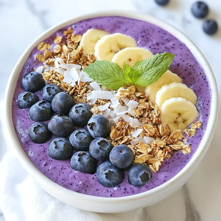 Für die Blueberry Coconut Smoothie Bowl brauchst du nur wenige frische Zutaten. Hier ist die Liste: - 1 Tasse gefrorene Heidelbeeren - 1 Banane, in Scheiben geschnitten - 1/2 Tasse Kokosmilch (aus der Dose oder aus Karton) - 1/4 Tasse griechischer Joghurt (optional) - 1 Esslöffel Chiasamen - 1 Esslöffel Honig oder Ahornsirup - Frische Heidelbeeren und Bananenscheiben zum Garnieren - 1/4 Tasse Granola - Geraspelte Kokosnuss - Minzblätter zur Garnitur Die gefrorenen Heidelbeeren sind das Herzstück dieses Rezepts. Sie bringen süßen und fruchtigen Geschmack. Die Banane fügt eine cremige Textur hinzu. Kokosmilch sorgt für einen tropischen Flair. Der griechische Joghurt macht die Mischung noch reichhaltiger. Chiasamen geben einen kleinen Crunch und sind gesund. Honig oder Ahornsirup süßt nach deinem Geschmack. Du kannst kreativ werden! Füge andere Früchte wie Erdbeeren oder Mangos hinzu. Probiere verschiedene Toppings wie Nüsse oder Samen. Für eine vegane Variante lässt du den Joghurt weg oder nimmst pflanzlichen Joghurt. Ein Spritzer Limettensaft verleiht frische. {{ingredient_image_2}} Zuerst brauchst du deine Zutaten. Nimm eine Tasse gefrorene Heidelbeeren. Diese geben dem Smoothie eine schöne Farbe und viel Geschmack. Dann schneide eine Banane in Scheiben. Die Banane macht die Mischung süß und cremig. Du benötigst auch eine halbe Tasse Kokosmilch. Diese sorgt für einen tropischen Geschmack. Wenn du extra Cremigkeit möchtest, füge einen viertel Tasse griechischen Joghurt hinzu. Chiasamen sind wichtig für die Nährstoffe, nimm einen Esslöffel. Du kannst auch einen Esslöffel Honig oder Ahornsirup hinzufügen, je nach deinem Geschmack. Gib alle Zutaten in einen Mixer. Mixe sie auf höchster Stufe, bis die Mischung glatt ist. Wenn die Mischung zu dick ist, füge langsam mehr Kokosmilch hinzu. Scrape die Seiten des Mixbehälters ab, damit alles gut vermischt wird. Die perfekte Konsistenz ist cremig, aber nicht zu flüssig. Gieße die glatte Mischung in eine Schüssel. Jetzt kommt der spaßige Teil: die Garnierung! Verwende frische Heidelbeeren und Bananenscheiben. Streue etwas Granola für den Crunch darüber. Füge auch geraspelte Kokosnuss hinzu, um mehr Geschmack zu bekommen. Minzblätter machen das Ganze frisch und hübsch. Serviere die Smoothie-Schüssel sofort und genieße die köstliche Frische! Um die perfekte Konsistenz zu erzielen, achte auf die gefrorenen Heidelbeeren. Sie geben der Mischung eine cremige Textur. Wenn die Mischung zu dick ist, füge langsam mehr Kokosmilch hinzu. Mixe alles gut, bis es ganz glatt ist. Du kannst auch mehr Joghurt verwenden, um die Bowl noch cremiger zu machen. Für die Garnierung benutze frische Heidelbeeren und Bananenscheiben. Diese bringen Farbe und Frische. Granola fügt einen tollen Crunch hinzu. Streue etwas geraspelte Kokosnuss darüber für mehr Geschmack. Minzblätter sind eine schöne, grüne Deko und geben einen frischen Duft. Du kannst die Bowl mit verschiedenen Früchten anpassen. Füge Erdbeeren oder Mangostücke hinzu für extra Süße. Für mehr Nährstoffe probiere Chiasamen oder Leinsamen. Wenn du eine vegane Version möchtest, lasse den Joghurt weg oder nutze pflanzliche Alternativen. So bleibt die Bowl lecker und gesund! Pro Tipps Reife Bananen verwenden: Je reifer die Banane, desto süßer und cremiger wird Ihr Smoothie. Wählen Sie Bananen mit braunen Flecken für den besten Geschmack! Kokosmilch anpassen: Experimentieren Sie mit der Kokosmilchmenge, um die gewünschte Konsistenz zu erreichen. Für eine dickere Textur fügen Sie weniger hinzu. Chiasamen einweichen: Lassen Sie die Chiasamen vor dem Mischen einige Minuten in Wasser oder Kokosmilch einweichen, um die Nährstoffe besser freizusetzen und eine cremigere Konsistenz zu erzielen. Garnierungen kreativ gestalten: Fügen Sie verschiedene Garnierungen wie Nüsse, Samen oder andere Früchte hinzu, um zusätzliche Texturen und Geschmäcker zu kreieren! {{image_4}} Du kannst frische oder gefrorene Früchte zu deiner Smoothie-Bowl hinzufügen. Einige gute Optionen sind: - Erdbeeren - Himbeeren - Mango - Pfirsiche Diese Früchte bringen neue Aromen und Farben. Sie machen die Bowl noch leckerer. Du kannst auch eine Mischung aus verschiedenen Früchten verwenden. Toppings machen deine Smoothie-Bowl spannend und nahrhaft. Hier sind einige gesunde Ideen: - Chiasamen für Ballaststoffe - Leinsamen für Omega-3-Fettsäuren - Nüsse für Protein - Joghurt für Probiotika Diese Toppings fügen Geschmack und Textur hinzu. Sie machen deine Bowl nicht nur lecker, sondern auch gesund. Wenn du eine vegane Option suchst, kannst du einige Zutaten anpassen. Hier sind meine Tipps: - Verwende pflanzliche Joghurtalternativen statt griechischem Joghurt. - Nutze Ahornsirup oder Agavendicksaft als Süßungsmittel. - Achte darauf, dass die Kokosmilch vegan ist. Diese Anpassungen bringen die gleiche Cremigkeit und den gleichen Geschmack. Du kannst deine vegane Smoothie-Bowl genauso genießen. Die Smoothie-Bowl bleibt frisch, wenn Sie sie richtig lagern. Verwenden Sie einen luftdichten Behälter. So bleibt die Bowl für einige Stunden frisch. Sie können die Schüssel im Kühlschrank aufbewahren. Achten Sie darauf, die Garnitur erst kurz vor dem Servieren hinzuzufügen. So bleibt alles knackig und lecker. Für einen schnellen Start am Morgen können Sie die Zutaten vorbereiten. Messen Sie die gefrorenen Heidelbeeren und die Banane ab. Geben Sie sie in einen Gefrierbeutel und frieren Sie sie ein. Messen Sie die Kokosmilch und den Joghurt ebenfalls ab. So haben Sie alles bereit, um schnell zu mixen. Es dauert nur wenige Minuten, um Ihre Smoothie-Bowl zuzubereiten. Die Smoothie-Bowl ist am besten frisch. Sie können sie jedoch bis zu 24 Stunden im Kühlschrank aufbewahren. Nach dieser Zeit kann die Textur etwas dünner werden. Wenn es nötig ist, fügen Sie einfach etwas mehr Kokosmilch hinzu, um die Konsistenz zu verbessern. Achten Sie darauf, dass Sie die Bowl gut abdecken. So vermeiden Sie, dass sie Gerüche aus dem Kühlschrank aufnimmt. Um die Smoothie-Bowl nahrhafter zu machen, füge einfach mehr gesunde Zutaten hinzu. Hier sind einige Ideen: - Füge Spinat oder Grünkohl für mehr Vitamine hinzu. - Verwende eine Handvoll Nüsse oder Samen für gesunde Fette. - Ersetze den Honig durch einen Löffel Erdnussbutter für mehr Protein. - Nutze zusätzliches Obst wie Erdbeeren oder Mango für mehr Geschmack und Nährstoffe. Kokosmilch und Mandelmilch unterscheiden sich in der Basis und im Geschmack. - Kokosmilch kommt aus dem Fleisch der Kokosnuss und hat einen reichen, cremigen Geschmack. - Mandelmilch wird aus gemahlenen Mandeln und Wasser hergestellt und hat einen leicht nussigen Geschmack. - Kokosmilch ist dicker und fettreicher, während Mandelmilch leichter und dünner ist. Beide Milchsorten sind vegan, aber die Wahl hängt von deinem Geschmack ab. Ja, du kannst die Bananen weglassen. Sie helfen, die Smoothie-Bowl cremig zu machen. - Ersetze die Banane durch einen anderen gefrorenen Obsttyp, wie Mango oder Pfirsich. - Du kannst auch Avocado verwenden, um die Cremigkeit zu erhalten. - Wenn du die Süße vermisst, füge mehr Honig oder einen anderen Süßstoff hinzu. So bleibt die Bowl lecker und frisch! Die Smoothie-Bowl ist einfach und lecker. Du hast wichtige Zutaten und Variationen kennengelernt. Du weißt nun, wie du die Konsistenz perfekt hinbekommst. Die Tipps helfen dir, deine Bowl zu garnieren. Denke auch an gesunde Toppings. Mit diesen Informationen bist du bereit, deine eigenen Kreationen zu starten. Experimentiere frei und genieße. Deine Smoothie-Bowl wird sicher toll!