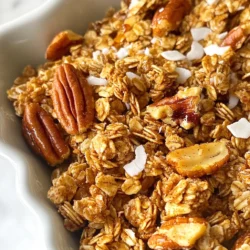 Um köstliche Ahorn-Pekannuss Granola Cluster zu machen, brauchst du folgende Zutaten: - 2 Tassen Haferflocken - 1 Tasse Pekannüsse, grob gehackt - 1/2 Tasse ungesüßte Kokosraspel - 1/2 Tasse Honig oder Ahornsirup - 1/4 Tasse Kokosöl, geschmolzen - 1/4 Tasse brauner Zucker - 1/2 Teelöffel Vanilleextrakt - 1/2 Teelöffel Zimt - 1/4 Teelöffel Meersalz - 1/2 Tasse getrocknete Cranberries oder Rosinen (optional) Diese Zutaten sorgen für einen tollen Geschmack und eine angenehme Crunch-Textur. Die Haferflocken geben dir eine gute Basis. Die Pekannüsse fügen gesunde Fette und einen leckeren Biss hinzu. Du kannst auch Bio-Zutaten verwenden. Damit sind deine Cluster noch gesünder. Hier sind einige Alternativen: - Bio-Haferflocken - Bio-Pekannüsse - Bio-Honig oder Bio-Ahornsirup - Bio-Kokosöl - Bio-brauner Zucker Bio-Zutaten sind oft frisch und voller Nährstoffe. So tust du dir und der Umwelt etwas Gutes. Wenn du etwas Abwechslung willst, probiere diese Zutaten: - Mandeln oder Walnüsse statt Pekannüsse - Getrocknete Aprikosen oder Feigen anstelle von Cranberries - Schokoladenstückchen für einen süßen Hauch - Gewürze wie Muskat oder Kardamom für neuen Geschmack Diese Variationen bringen neue Aromen in deine Granola. Du kannst sie ganz nach deinem Geschmack anpassen. {{ingredient_image_2}} Zuerst musst du den Ofen auf 163°C (325°F) vorheizen. Das sorgt für eine gleichmäßige Wärme. Lege ein Backblech mit Backpapier aus. So bleibt die Granola nicht kleben und die Reinigung ist einfach. In einer großen Schüssel vermischst du die Haferflocken, gehackte Pekannüsse und Kokosraspel. Rühre die Zutaten gut um, bis sie gleichmäßig verteilt sind. In einer separaten Schüssel vermengst du den Honig oder Ahornsirup mit dem geschmolzenen Kokosöl. Füge den braunen Zucker, den Vanilleextrakt, den Zimt und das Meersalz hinzu. Schlage die Mischung mit einem Schneebesen gut durch, bis sie glatt ist. Gieße diese Mischung über die trockenen Zutaten. Rühre alles gründlich um, bis alle Haferflocken und Pekannüsse gut beschichtet sind. Verteile die Granola-Mischung gleichmäßig auf dem Backblech. Drücke sie fest zusammen, um Cluster zu formen. Backe die Granola für 20-25 Minuten. Rühre die Mischung einmal sanft um, damit sie gleichmäßig bräunt. Behalte sie im Auge, damit sie nicht anbrennt. Nach dem Backen lasse die Granola auf dem Blech vollständig auskühlen. Das ist wichtig, damit die Cluster gut zusammenhalten. Wenn du getrocknete Cranberries oder Rosinen magst, füge sie hinzu, sobald die Granola abgekühlt ist. Bewahre die Cluster in einem luftdichten Behälter auf. So bleiben sie bis zu zwei Wochen frisch. Um die besten Granola-Cluster zu machen, ist die Mischung wichtig. Mische die trockenen Zutaten gut. Achte darauf, dass der Honig und das Öl alle Haferflocken umhüllen. Drücke die Mischung fest auf das Backblech. Das hilft, die Cluster zu formen. Backe sie bis sie goldbraun sind, aber rühre sie nur einmal um. So bleiben die Cluster zusammen und werden knusprig. Bewahre die Granola-Cluster in einem luftdichten Behälter auf. So bleiben sie bis zu zwei Wochen frisch. Stelle sicher, dass sie bei Raumtemperatur gelagert werden. Vermeide Feuchtigkeit, denn das macht sie weich. Ein Einmachglas sieht auch gut aus und hält die Cluster frisch. Du kannst die Granola-Cluster ganz nach deinem Geschmack anpassen. Füge verschiedene Nüsse hinzu, wie Mandeln oder Walnüsse. Probiere auch andere Trockenfrüchte wie Aprikosen oder Datteln. Wenn du es süßer magst, verwende mehr Honig oder Sirup. Für einen besonderen Kick kannst du auch etwas Kakao oder Vanille hinzufügen. So wird jedes Batch einzigartig und lecker! Pro Tipps Clusterbildung: Drücke die Granola-Mischung fest zusammen, bevor du sie backst, um größere Cluster zu erhalten. Variationen: Füge andere Nüsse oder Samen hinzu, um deinen Granola-Cluster eine persönliche Note zu geben. Lagertipps: Bewahre die Granola-Cluster in einem luftdichten Behälter auf, um ihre Frische zu bewahren. Backzeit überwachen: Behalte die Granola während des Backens im Auge, um ein Anbrennen zu vermeiden. {{image_4}} Du kannst deiner Granola noch mehr Geschmack verleihen. Füge zum Beispiel Schokoladenstückchen oder Nüsse hinzu. Mandeln oder Walnüsse passen gut dazu. Auch getrocknete Früchte wie Aprikosen oder Feigen sind lecker! Du kannst auch ein bisschen Muskatnuss oder Ingwer dazugeben. Diese Gewürze bringen eine schöne Wärme in die Mischung. Experimentiere und finde deine perfekte Kombination! Wenn du auf Zucker verzichten möchtest, probiere alternative Süßstoffe. Agavendicksaft oder Kokosblütenzucker sind tolle Optionen. Diese Süßungsmittel haben einen niedrigeren glykämischen Index. Du kannst auch reife Bananen pürieren und sie anstelle von Honig verwenden. Das macht die Granola süß und fügt zusätzliche Nährstoffe hinzu. Achte darauf, die Menge anzupassen, damit die Konsistenz stimmt. Möchtest du eine glutenfreie Version machen? Verwende glutenfreie Haferflocken. Diese sind leicht zu finden und schmecken genauso gut. Für eine vegane Granola kannst du anstelle von Honig einfach Ahornsirup verwenden. Das gibt der Granola einen süßen, reichen Geschmack. Achte auf die Zutaten in den Trockenfrüchten, um sicherzustellen, dass sie vegan sind. So kannst du alle genießen! Um die Frische der Granola-Cluster zu bewahren, lagere sie an einem kühlen, trockenen Ort. Direkte Sonneneinstrahlung kann die Zutaten schädigen. Ein Schrank oder eine Küchenschublade sind perfekte Plätze. Halte die Cluster in einem luftdichten Behälter, um Feuchtigkeit und Luft fernzuhalten. Die Granola-Cluster bleiben bis zu zwei Wochen frisch. Nach dieser Zeit können sie an Geschmack verlieren oder weich werden. Achte darauf, sie rechtzeitig zu essen, um ihre besten Aromen zu genießen. Verwende Glasbehälter, um die Frische zu bewahren und die Cluster sichtbar zu machen. Plastiktüten sind ebenfalls nützlich, besonders wenn du eine Portion für unterwegs packen möchtest. Achte darauf, die Tüten gut zu verschließen, um Luft zu vermeiden. Wenn du die Cluster länger aufbewahren willst, friere sie ein. Sie bleiben so bis zu drei Monate haltbar. Ahorn-Pekannuss Granola bleibt bis zu zwei Wochen frisch. Lagere sie in einem luftdichten Behälter. So bleibt der Knusper frisch. Wenn du sie länger aufbewahren möchtest, kannst du sie auch einfrieren. Das hält sie bis zu drei Monate. Vergiss nicht, sie vor dem Essen auf Raumtemperatur zu bringen. Ja, du kannst andere Nüsse verwenden. Walnüsse, Mandeln oder Haselnüsse sind tolle Alternativen. Sie bringen ihren eigenen Geschmack und Knusprigkeit mit. Achte darauf, die Nüsse grob zu hacken. So werden die Cluster schön. Experimentiere mit verschiedenen Nüssen für neue Geschmäcker! Ja, die Granola ist glutenfrei, wenn du glutenfreie Haferflocken verwendest. Viele Marken bieten glutenfreie Optionen an. Achte darauf, dass keine Kontamination mit Gluten passiert. So kannst du die Granola ohne Bedenken genießen. Du kannst Granola leicht in deinen Alltag einbauen. Probiere es mit Joghurt zum Frühstück oder als Snack. Streue etwas über dein Müsli oder deinen Smoothie. Du kannst es auch in Backwaren verwenden, um mehr Crunch zu bekommen. Granola ist vielseitig und macht jedes Gericht besser! Das Ahorn-Pekannuss Granola ist einfach zuzubereiten. Wir haben die Hauptzutaten und Variationen besprochen. Die Schritt-für-Schritt-Anleitung hilft dir beim Backen und Formen der Cluster. Tipps zur Lagerung und Haltbarkeit sorgen dafür, dass dein Granola frisch bleibt. Denke daran, dass Anpassungen den Geschmack steigern können. Du kannst andere Nüsse oder Süßungsmittel verwenden. Mit diesen Tipps machst du leckeres Granola für jeden Tag. Enjoy it as a tasty snack or breakfast!