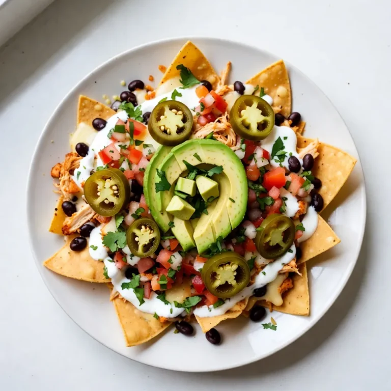 Für leckere Loaded Chicken Nachos brauchst du folgende Hauptzutaten: - 2 Tassen gekochtes Hähnchen, zerrupft - 1 Tüte (340 g) Tortilla-Chips - 1 Tasse schwarze Bohnen, gründlich abgespült und abgetropft - 1 Tasse geriebener Käse (Cheddar oder eine Mischung) - 1 Jalapeño, in Scheiben geschnitten (optional) - 1 Avocado, gewürfelt - 1 Tasse Pico de Gallo - ½ Tasse saure Sahne - 1 Esslöffel Olivenöl Jede Zutat spielt eine wichtige Rolle. Das zerrupfte Hähnchen sorgt für den Hauptgeschmack. Die Tortilla-Chips geben den Crunch. Die Bohnen und der Käse machen es reichhaltig und sättigend. Die richtigen Gewürze helfen, den Geschmack zu verbessern. Hier sind die Gewürze, die du brauchst: - 1 Teelöffel Chilipulver - ½ Teelöffel Knoblauchpulver - Salz und Pfeffer nach Geschmack - Frischer Koriander zur Dekoration Die Gewürze bringen Wärme und Tiefe in deine Nachos. Chilipulver macht sie würzig, während Knoblauchpulver für einen tollen Geschmack sorgt. Frischer Koriander gibt einen frischen Touch. Wähle frische Zutaten für das beste Ergebnis. Hier sind einige Tipps: - Achte darauf, dass das Hähnchen zart und gut gewürzt ist. - Verwende frische Tortilla-Chips. Sie sollten knusprig sein. - Kaufe reife Avocados, die leicht drücken, aber nicht matschig sind. - Wähle hochwertigen Käse, um eine schöne, schmelzende Textur zu erreichen. Mit diesen Zutaten wird dein Gericht unwiderstehlich. Frische und Qualität machen einen großen Unterschied. Experimentiere, um deine perfekte Mischung zu finden! {{ingredient_image_2}} Heizen Sie zuerst den Ofen auf 190 °C vor. Das ist wichtig, um die Nachos gleichmäßig zu backen. In einer Schüssel mischen Sie das zerrupfte Hähnchen mit 1 Esslöffel Olivenöl, 1 Teelöffel Chilipulver, ½ Teelöffel Knoblauchpulver, Salz und Pfeffer. Rühren Sie alles gut um. So wird das Hähnchen lecker gewürzt und bekommt viel Geschmack. Nehmen Sie ein großes Backblech oder eine ofenfeste Platte. Legen Sie die Tortilla-Chips gleichmäßig darauf. Verteilen Sie dann das gewürzte Hähnchen über die Chips. Danach streuen Sie 1 Tasse schwarze Bohnen und 1 Tasse geriebenen Käse darüber. Wenn Sie es scharf mögen, fügen Sie die Jalapeño-Scheiben obenauf hinzu. Diese Schritte machen die Nachos bunt und lecker. Nun ist es Zeit, die Nachos in den Ofen zu schieben. Backen Sie sie für etwa 10 bis 15 Minuten. Der Käse sollte schmelzen und blubbern. Achten Sie darauf, dass sie nicht zu lange im Ofen bleiben, sonst werden sie trocken. Nehmen Sie die Nachos vorsichtig heraus. Jetzt können Sie die gewürfelte Avocado und 1 Tasse Pico de Gallo darübergeben. Träufeln Sie ½ Tasse saure Sahne darauf und garnieren Sie mit frischem Koriander. Servieren Sie die Nachos sofort, solange sie heiß und köstlich sind! Um die besten Loaded Chicken Nachos zu machen, hier sind meine besten Tipps: - Verwenden Sie frisches Hähnchen: Das macht einen großen Unterschied im Geschmack. - Wählen Sie eine gute Käsesorte: Cheddar oder eine Mischung sorgt für tollen Schmelz. - Fügen Sie Gewürze hinzu: Ein Hauch von Chilipulver und Knoblauchpulver hebt den Geschmack. Die Präsentation macht viel aus. Hier einige Ideen: - Direkt auf dem Backblech servieren: Das sieht gesellig aus und macht Spaß. - Zusätzliche Schalen: Bieten Sie saure Sahne und Pico de Gallo in Schalen an. - Frische Kräuter obenauf: Ein paar Blätter Koriander machen es bunt und lecker. Nichts ist schlimmer als matschige Nachos. Hier sind meine Tipps, um sie knusprig zu halten: - Die Chips gleichmäßig verteilen: Lassen Sie genug Platz zwischen den Chips. - Nur kurz backen: 10-15 Minuten reichen, um den Käse zu schmelzen. - Sofort servieren: Nachos verlieren schnell ihre Knusprigkeit. Servieren Sie sie heiß direkt aus dem Ofen. Pro Tipps Verwenden Sie frische Zutaten: Frisches Gemüse und Kräuter sorgen für mehr Geschmack und eine ansprechendere Präsentation. Variieren Sie den Käse: Eine Mischung aus verschiedenen Käsesorten wie Gouda oder Monterey Jack kann den Geschmack intensivieren und die Textur verbessern. Stellen Sie die Nachos richtig zusammen: Schichten Sie die Zutaten, um sicherzustellen, dass jede Chip gleichmäßig mit Toppings bedeckt ist und nicht einfach nur oben drauf liegt. Servieren Sie heiß: Nachos schmecken am besten, wenn sie direkt nach dem Backen serviert werden. Halten Sie sie im Ofen bei niedriger Temperatur, während Sie die restlichen Zutaten vorbereiten. {{image_4}} Für vegetarische Nachos kannst du das Hähnchen durch schwarze Bohnen oder Kichererbsen ersetzen. Diese Optionen sind proteinreich und lecker. Füge mehr Gemüse hinzu, wie Paprika, Zucchini oder Mais. Röste das Gemüse leicht, um den Geschmack zu intensivieren. So bekommst du eine bunte und gesunde Variante! Die Toppings machen Nachos besonders. Du kannst geriebenen Käse, Jalapeños oder Sauerrahm verwenden. Für einen anderen Geschmack probiere Guacamole oder einen frischen Salsa. Auch frische Kräuter wie Koriander oder Petersilie sind tolle Ergänzungen. Diese bringen Farbe und Geschmack auf deine Nachos. Für scharfe Nachos füge mehr Jalapeños oder eine scharfe Salsa hinzu. Du kannst auch scharfe Käse verwenden. Wenn du es süß magst, probiere nach dem Backen eine Schicht Honig oder süße Chilisauce. Diese Kombination aus süß und scharf macht deine Nachos einzigartig und spannend! Für die Aufbewahrung von Resten gibt es einfache Tipps. Legen Sie die Nachos in einen luftdichten Behälter. Trennen Sie die Nachos von den Toppings wie Avocado und saurer Sahne. So bleibt alles frisch. Lagern Sie die Reste im Kühlschrank. Sie sollten innerhalb von drei Tagen gegessen werden. Wenn Sie die Nachos aufwärmen, nutzen Sie den Ofen. Das gibt ihnen die beste Textur. Heizen Sie den Ofen auf 180 °C vor. Legen Sie die Nachos auf ein Backblech. Decken Sie sie leicht mit Alufolie ab. Backen Sie sie etwa 10 Minuten lang. So werden sie wieder warm und knusprig. Die Haltbarkeit der Nachos ist begrenzt. Im Kühlschrank halten sie drei Tage. Sie können die Nachos auch einfrieren. Legen Sie sie in einen gefrierfesten Behälter. So halten sie bis zu einem Monat. Um sie aufzutauen, lassen Sie sie über Nacht im Kühlschrank. Danach können Sie sie im Ofen aufwärmen. Um die Nachos schärfer zu machen, füge mehr Jalapeños hinzu. Du kannst auch frische Chilis verwenden. Eine andere Möglichkeit ist, scharfen Käse zu wählen. Außerdem kannst du etwas scharfe Sauce über die Nachos träufeln. Achte darauf, die Schärfe langsam zu steigern. So kannst du den Geschmack gut kontrollieren. Ja, du kannst die nachos im Voraus vorbereiten. Koche das Hähnchen und würze es vorab. Du kannst die Tortilla-Chips und die anderen Zutaten auch bereitstellen. Lege alles in Schalen. Wenn du dann bereit bist, kannst du die Nachos schnell zusammensetzen und backen. So sparst du Zeit beim Servieren. Zu Loaded Chicken Nachos passen viele Beilagen. Saure Sahne ist immer ein Hit. Guacamole bietet eine tolle cremige Textur. Auch frisches Pico de Gallo bringt Frische. Für einen Extra-Kick kannst du scharfe Saucen bereitstellen. Schließlich passt ein kaltes Getränk wie Limonade oder Bier hervorragend dazu. Die Zutaten für Loaded Chicken Nachos sind wichtig für den Geschmack. Wir haben die Hauptzutaten und Gewürze besprochen. Die Schritt-für-Schritt-Anleitung hilft dir beim perfekten Nacho-Gericht. Tipps und Tricks zeigen dir, wie du Nachos knusprig hältst und gut präsentierst. Variationen zeigen, dass es auch vegetarische Nachos gibt. Vergiss nicht, die Reste richtig aufzubewahren. Mit diesen Tipps bist du bereit, die besten Loaded Chicken Nachos zu machen, die jeder liebt. Probier es einfach aus!