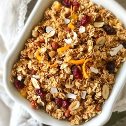 Für mein Cranberry Orange Granola verwende ich frische und gesunde Zutaten. Hier sind die Hauptzutaten: - 2 Tassen Haferflocken (großflächig) - 1 Tasse gemischte Nüsse (Mandeln, Pekannüsse und Walnüsse), grob gehackt - 1/2 Tasse ungesüßte Kokosraspeln - 1/4 Tasse Honig oder Ahornsirup - 1/4 Tasse Kokosöl, geschmolzen - Abgeriebene Schale von 1 großen Orange - Saft von 1 großen Orange - 1 Teelöffel Vanilleextrakt - 1 Teelöffel gemahlener Zimt - 1/2 Teelöffel Salz - 1 Tasse getrocknete Cranberries Diese Zutaten ergeben ein leckeres, nahrhaftes Granola. Die Kombination von Aromen macht es besonders. Manchmal sind einige Zutaten nicht verfügbar. Hier sind einige gute Ersatzstoffe, die ich empfehle: - Verwenden Sie für die Haferflocken Glutenfreie Haferflocken, wenn nötig. - Anstelle von Nüssen können Sie Sonnenblumenkerne oder Kürbiskerne nutzen. - Für die Kokosraspeln können Sie auch gehackte Trockenfrüchte einsetzen. - Honig kann durch Agavendicksaft ersetzt werden. - Wenn Sie keine Orange haben, verwenden Sie Zitronen für einen anderen Geschmack. Diese Alternativen geben Ihnen Flexibilität und helfen, das Rezept anzupassen. Die Qualität der Zutaten ist wichtig. Hier sind meine Tipps zur Auswahl: - Wählen Sie frische Nüsse, um einen vollen Geschmack zu erzielen. - Achten Sie auf ungesüßte Kokosraspeln. Diese sind gesünder. - Kaufen Sie biologischen Honig oder Ahornsirup für bessere Qualität. - Frische Orangen sind am besten für Saft und Schale. - Verwenden Sie hochwertige Gewürze, um den Geschmack zu verbessern. Gute Zutaten machen den Unterschied in Ihrem Granola. Achten Sie darauf, dass alles frisch und von guter Qualität ist. {{ingredient_image_2}} Um das Cranberry Orange Granola zuzubereiten, beginne mit der Vorbereitung der Zutaten. Zuerst heize den Ofen auf 165°C vor und lege ein Backblech mit Backpapier aus. In einer großen Schüssel, mische die Haferflocken, grob gehackte Nüsse, Kokosraspeln, Zimt und Salz. Rühre gut um, damit alles gleichmäßig verteilt ist. In einer anderen Schüssel vermenge den Honig oder Ahornsirup, das geschmolzene Kokosöl, die abgeriebene Orangenschale, den Orangensaft und den Vanilleextrakt. Rühre diese Mischung gut mit einem Schneebesen, bis sie gleichmäßig ist. Gieße die feuchte Mischung über die trockenen Zutaten und rühre, bis alles gut bedeckt ist. Verteile die Mischung gleichmäßig auf dem Backblech. Backe das Granola im vorgeheizten Ofen für etwa 20 bis 25 Minuten. Rühre einmal zur Hälfte um, damit es gleichmäßig backt. Es sollte goldbraun und duftend sein. Nach dem Backen nimm das Granola aus dem Ofen und lasse es etwa 10 Minuten abkühlen. Füge dann die getrockneten Cranberries hinzu und rühre alles gut durch. Lass das Granola vollständig auf dem Backblech abkühlen. Es wird beim Abkühlen knusprig. Nach dem Abkühlen fülle das Granola in einen luftdichten Behälter und bewahre es auf. Um dein Granola perfekt knusprig zu machen, beachte einige wichtige Punkte. - Nutze große Haferflocken, sie werden knuspriger. - Achte darauf, dass das Granola gleichmäßig auf dem Backblech verteilt ist. - Rühre es während des Backens einmal um. Das hilft, eine gleichmäßige Bräunung zu erreichen. - Lass das Granola nach dem Backen gut auskühlen. Es wird beim Abkühlen knusprig. Cranberry Orange Granola ist vielseitig. Du kannst es auf viele Arten genießen. - Probiere es mit Joghurt und frischen Früchten. - Mische es in deinen Smoothie für extra Crunch. - Verwende es als Topping für dein Frühstücks-Porridge. - Streue es über Eis oder in Desserts für einen leckeren Akzent. Es gibt einige häufige Fehler, die du vermeiden solltest. - Backe das Granola nicht zu lange. Es kann schnell verbrennen. - Verwende nicht zu viel Honig oder Sirup. Das macht das Granola klebrig. - Lagere es nicht in einem offenen Behälter. Das Granola wird weich. - Füge die Trockenfrüchte erst nach dem Backen hinzu. Sie sollten frisch und saftig bleiben. Pro Tipps Variationen ausprobieren: Experimentieren Sie mit verschiedenen Nüssen oder Trockenfrüchten, um das Granola nach Ihrem Geschmack anzupassen. Überwachen Sie die Backzeit: Behalten Sie das Granola während des Backens im Auge, da die Backzeit je nach Ofen variieren kann. Vor dem Servieren abkühlen: Lassen Sie das Granola vollständig abkühlen, damit es die perfekte Knusprigkeit erreicht. Perfekte Lagerung: Bewahren Sie das Granola in einem luftdichten Behälter auf, um die Frische und Knusprigkeit zu erhalten. {{image_4}} Sie können einfach glutenfreies Granola machen. Wählen Sie glutenfreie Haferflocken. Diese sind gut für eine glutenfreie Diät. Achten Sie darauf, dass alle Nüsse und Zutaten ebenfalls glutenfrei sind. So bleibt Ihr Granola lecker und gesund. Fügen Sie gerne weitere Zutaten hinzu. Getrocknete Aprikosen oder Äpfel bringen eine süße Note. Für einen besonderen Crunch, probieren Sie Kürbiskerne oder Sonnenblumenkerne. Schokoladenstückchen sind eine tolle Option für Schokoladenliebhaber. Experimentieren Sie mit verschiedenen Gewürzen, wie Muskatnuss oder Ingwer, für extra Geschmack. Ändern Sie Ihr Granola je nach Saison. Im Winter können Sie getrocknete Feigen oder Datteln verwenden. Im Frühling passen frische Erdbeeren gut dazu. Im Sommer probieren Sie frische Pfirsiche oder Himbeeren. Im Herbst sind Walnüsse und Zimt perfekt. So bleibt Ihr Granola spannend und frisch das ganze Jahr über. Um dein Cranberry Orange Granola frisch zu halten, bewahre es in einem luftdichten Behälter auf. Ein Glasbehälter eignet sich gut hierfür. Stelle den Behälter an einen kühlen, trockenen Ort, fern von direkter Sonne. So bleibt das Granola knackig und schmackhaft. Selbstgemachtes Granola bleibt etwa zwei bis vier Wochen frisch. Achte darauf, dass du bei der Lagerung keine Feuchtigkeit hinzufügst. Wenn du es länger aufbewahren willst, friere das Granola ein. Dies hilft, die Frische zu bewahren. Überprüfe regelmäßig auf Anzeichen von Schimmel oder Geruch. Wenn es seltsam riecht, solltest du es nicht mehr essen. Um Granola einzufrieren, lege es in einen gefrierfesten Beutel. Drücke die Luft heraus, bevor du den Beutel verschließt. So bleibt es bis zu sechs Monate haltbar. Wenn du es essen möchtest, nimm die gewünschte Menge heraus und lasse es bei Raumtemperatur auftauen. Du kannst es auch kurz im Ofen aufwärmen, um die Knusprigkeit zurückzubringen. Selbstgemachtes Granola hält sich gut. Bewahre es in einem luftdichten Behälter auf. So bleibt es frisch für etwa zwei bis vier Wochen. Die Lagerung im Kühlschrank kann die Haltbarkeit verlängern. Achte darauf, dass die Mischung gut abgekühlt ist, bevor du sie verpackst. So bleibt die Knusprigkeit erhalten. Ja, du kannst andere Trockenfrüchte verwenden. Probiere getrocknete Aprikosen, Rosinen oder Äpfel. Diese Früchte bringen ihren eigenen Geschmack und Süße. Mische die Trockenfrüchte nach deinem Geschmack. Achte darauf, die Menge nicht zu sehr zu erhöhen, um die Balance zu halten. Hochwertige Zutaten findest du in Bioläden oder auf Wochenmärkten. Achte beim Kauf auf frische Nüsse und Trockenfrüchte. Online-Shops bieten auch eine große Auswahl. Vertraue Marken, die für Qualität bekannt sind. So stellst du sicher, dass dein Granola gut schmeckt. Cranberry Orange Granola ist einfach zuzubereiten und lecker. Wir haben die besten Zutaten, Tipps zur Zubereitung und Aufbewahrung behandelt. Achten Sie beim Backen auf die perfekte Knusprigkeit, um häufige Fehler zu vermeiden. Variieren Sie das Rezept je nach Saison und persönlichen Vorlieben. Denken Sie an die Lagerung, damit Ihr Granola lange frisch bleibt. Mit diesen Tipps und Tricks gelingt Ihr Granola jedes Mal. Genießen Sie die gesunde Pause und experimentieren Sie mit neuen Kombinationen!