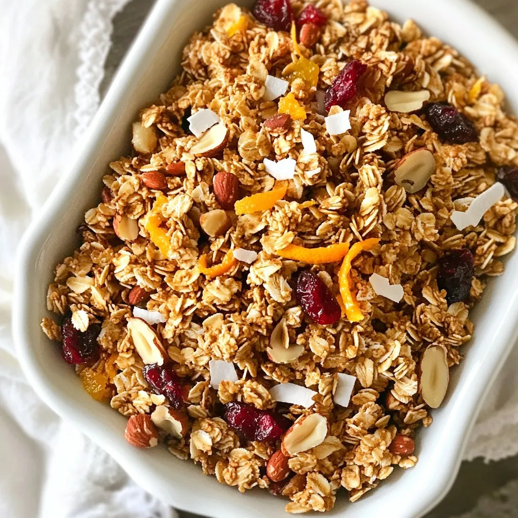 Für mein Cranberry Orange Granola verwende ich frische und gesunde Zutaten. Hier sind die Hauptzutaten: - 2 Tassen Haferflocken (großflächig) - 1 Tasse gemischte Nüsse (Mandeln, Pekannüsse und Walnüsse), grob gehackt - 1/2 Tasse ungesüßte Kokosraspeln - 1/4 Tasse Honig oder Ahornsirup - 1/4 Tasse Kokosöl, geschmolzen - Abgeriebene Schale von 1 großen Orange - Saft von 1 großen Orange - 1 Teelöffel Vanilleextrakt - 1 Teelöffel gemahlener Zimt - 1/2 Teelöffel Salz - 1 Tasse getrocknete Cranberries Diese Zutaten ergeben ein leckeres, nahrhaftes Granola. Die Kombination von Aromen macht es besonders. Manchmal sind einige Zutaten nicht verfügbar. Hier sind einige gute Ersatzstoffe, die ich empfehle: - Verwenden Sie für die Haferflocken Glutenfreie Haferflocken, wenn nötig. - Anstelle von Nüssen können Sie Sonnenblumenkerne oder Kürbiskerne nutzen. - Für die Kokosraspeln können Sie auch gehackte Trockenfrüchte einsetzen. - Honig kann durch Agavendicksaft ersetzt werden. - Wenn Sie keine Orange haben, verwenden Sie Zitronen für einen anderen Geschmack. Diese Alternativen geben Ihnen Flexibilität und helfen, das Rezept anzupassen. Die Qualität der Zutaten ist wichtig. Hier sind meine Tipps zur Auswahl: - Wählen Sie frische Nüsse, um einen vollen Geschmack zu erzielen. - Achten Sie auf ungesüßte Kokosraspeln. Diese sind gesünder. - Kaufen Sie biologischen Honig oder Ahornsirup für bessere Qualität. - Frische Orangen sind am besten für Saft und Schale. - Verwenden Sie hochwertige Gewürze, um den Geschmack zu verbessern. Gute Zutaten machen den Unterschied in Ihrem Granola. Achten Sie darauf, dass alles frisch und von guter Qualität ist. {{ingredient_image_2}} Um das Cranberry Orange Granola zuzubereiten, beginne mit der Vorbereitung der Zutaten. Zuerst heize den Ofen auf 165°C vor und lege ein Backblech mit Backpapier aus. In einer großen Schüssel, mische die Haferflocken, grob gehackte Nüsse, Kokosraspeln, Zimt und Salz. Rühre gut um, damit alles gleichmäßig verteilt ist. In einer anderen Schüssel vermenge den Honig oder Ahornsirup, das geschmolzene Kokosöl, die abgeriebene Orangenschale, den Orangensaft und den Vanilleextrakt. Rühre diese Mischung gut mit einem Schneebesen, bis sie gleichmäßig ist. Gieße die feuchte Mischung über die trockenen Zutaten und rühre, bis alles gut bedeckt ist. Verteile die Mischung gleichmäßig auf dem Backblech. Backe das Granola im vorgeheizten Ofen für etwa 20 bis 25 Minuten. Rühre einmal zur Hälfte um, damit es gleichmäßig backt. Es sollte goldbraun und duftend sein. Nach dem Backen nimm das Granola aus dem Ofen und lasse es etwa 10 Minuten abkühlen. Füge dann die getrockneten Cranberries hinzu und rühre alles gut durch. Lass das Granola vollständig auf dem Backblech abkühlen. Es wird beim Abkühlen knusprig. Nach dem Abkühlen fülle das Granola in einen luftdichten Behälter und bewahre es auf. Um dein Granola perfekt knusprig zu machen, beachte einige wichtige Punkte. - Nutze große Haferflocken, sie werden knuspriger. - Achte darauf, dass das Granola gleichmäßig auf dem Backblech verteilt ist. - Rühre es während des Backens einmal um. Das hilft, eine gleichmäßige Bräunung zu erreichen. - Lass das Granola nach dem Backen gut auskühlen. Es wird beim Abkühlen knusprig. Cranberry Orange Granola ist vielseitig. Du kannst es auf viele Arten genießen. - Probiere es mit Joghurt und frischen Früchten. - Mische es in deinen Smoothie für extra Crunch. - Verwende es als Topping für dein Frühstücks-Porridge. - Streue es über Eis oder in Desserts für einen leckeren Akzent. Es gibt einige häufige Fehler, die du vermeiden solltest. - Backe das Granola nicht zu lange. Es kann schnell verbrennen. - Verwende nicht zu viel Honig oder Sirup. Das macht das Granola klebrig. - Lagere es nicht in einem offenen Behälter. Das Granola wird weich. - Füge die Trockenfrüchte erst nach dem Backen hinzu. Sie sollten frisch und saftig bleiben. Pro Tipps Variationen ausprobieren: Experimentieren Sie mit verschiedenen Nüssen oder Trockenfrüchten, um das Granola nach Ihrem Geschmack anzupassen. Überwachen Sie die Backzeit: Behalten Sie das Granola während des Backens im Auge, da die Backzeit je nach Ofen variieren kann. Vor dem Servieren abkühlen: Lassen Sie das Granola vollständig abkühlen, damit es die perfekte Knusprigkeit erreicht. Perfekte Lagerung: Bewahren Sie das Granola in einem luftdichten Behälter auf, um die Frische und Knusprigkeit zu erhalten. {{image_4}} Sie können einfach glutenfreies Granola machen. Wählen Sie glutenfreie Haferflocken. Diese sind gut für eine glutenfreie Diät. Achten Sie darauf, dass alle Nüsse und Zutaten ebenfalls glutenfrei sind. So bleibt Ihr Granola lecker und gesund. Fügen Sie gerne weitere Zutaten hinzu. Getrocknete Aprikosen oder Äpfel bringen eine süße Note. Für einen besonderen Crunch, probieren Sie Kürbiskerne oder Sonnenblumenkerne. Schokoladenstückchen sind eine tolle Option für Schokoladenliebhaber. Experimentieren Sie mit verschiedenen Gewürzen, wie Muskatnuss oder Ingwer, für extra Geschmack. Ändern Sie Ihr Granola je nach Saison. Im Winter können Sie getrocknete Feigen oder Datteln verwenden. Im Frühling passen frische Erdbeeren gut dazu. Im Sommer probieren Sie frische Pfirsiche oder Himbeeren. Im Herbst sind Walnüsse und Zimt perfekt. So bleibt Ihr Granola spannend und frisch das ganze Jahr über. Um dein Cranberry Orange Granola frisch zu halten, bewahre es in einem luftdichten Behälter auf. Ein Glasbehälter eignet sich gut hierfür. Stelle den Behälter an einen kühlen, trockenen Ort, fern von direkter Sonne. So bleibt das Granola knackig und schmackhaft. Selbstgemachtes Granola bleibt etwa zwei bis vier Wochen frisch. Achte darauf, dass du bei der Lagerung keine Feuchtigkeit hinzufügst. Wenn du es länger aufbewahren willst, friere das Granola ein. Dies hilft, die Frische zu bewahren. Überprüfe regelmäßig auf Anzeichen von Schimmel oder Geruch. Wenn es seltsam riecht, solltest du es nicht mehr essen. Um Granola einzufrieren, lege es in einen gefrierfesten Beutel. Drücke die Luft heraus, bevor du den Beutel verschließt. So bleibt es bis zu sechs Monate haltbar. Wenn du es essen möchtest, nimm die gewünschte Menge heraus und lasse es bei Raumtemperatur auftauen. Du kannst es auch kurz im Ofen aufwärmen, um die Knusprigkeit zurückzubringen. Selbstgemachtes Granola hält sich gut. Bewahre es in einem luftdichten Behälter auf. So bleibt es frisch für etwa zwei bis vier Wochen. Die Lagerung im Kühlschrank kann die Haltbarkeit verlängern. Achte darauf, dass die Mischung gut abgekühlt ist, bevor du sie verpackst. So bleibt die Knusprigkeit erhalten. Ja, du kannst andere Trockenfrüchte verwenden. Probiere getrocknete Aprikosen, Rosinen oder Äpfel. Diese Früchte bringen ihren eigenen Geschmack und Süße. Mische die Trockenfrüchte nach deinem Geschmack. Achte darauf, die Menge nicht zu sehr zu erhöhen, um die Balance zu halten. Hochwertige Zutaten findest du in Bioläden oder auf Wochenmärkten. Achte beim Kauf auf frische Nüsse und Trockenfrüchte. Online-Shops bieten auch eine große Auswahl. Vertraue Marken, die für Qualität bekannt sind. So stellst du sicher, dass dein Granola gut schmeckt. Cranberry Orange Granola ist einfach zuzubereiten und lecker. Wir haben die besten Zutaten, Tipps zur Zubereitung und Aufbewahrung behandelt. Achten Sie beim Backen auf die perfekte Knusprigkeit, um häufige Fehler zu vermeiden. Variieren Sie das Rezept je nach Saison und persönlichen Vorlieben. Denken Sie an die Lagerung, damit Ihr Granola lange frisch bleibt. Mit diesen Tipps und Tricks gelingt Ihr Granola jedes Mal. Genießen Sie die gesunde Pause und experimentieren Sie mit neuen Kombinationen!