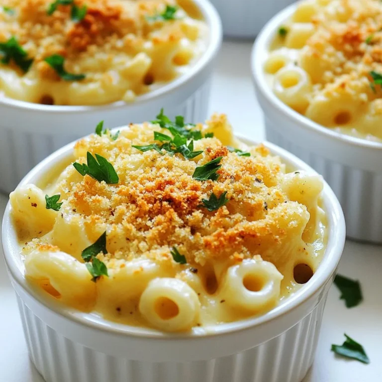 Für diese leckere Knoblauch-Parmesan-Makkaroni brauchst du: - 230 g Ellbogen-Makkaroni - 60 g ungesalzene Butter - 4 Knoblauchzehen, fein gehackt - 35 g Weizenmehl - 700 ml Milch (Vollmilch oder 2%) - 200 g geriebener scharfer Cheddar-Käse - 100 g geriebener Parmesan-Käse Diese Zutaten machen deine Makkaroni cremig und voll mit Geschmack. Füge diese Gewürze hinzu, um den Geschmack zu verbessern: - 1 Teelöffel Knoblauchpulver - 1 Teelöffel Zwiebelpulver - Salz und schwarzer Pfeffer nach Geschmack - 1/2 Teelöffel zerdrückte rote Pfefferflocken (optional) - 50 g Semmelbrösel (für das Topping) Die Gewürze bringen die Aromen zum Leben. Du kannst die roten Pfefferflocken weglassen, wenn du es milder magst. Wähle hochwertigen Käse für den besten Geschmack. - Cheddar: Scharfer Cheddar gibt eine tolle Tiefe. - Parmesan: Frisch geriebener Parmesan hat mehr Geschmack. Vermeide vorgeriebenen Käse, da er oft Zusatzstoffe hat. Frisch geriebener Käse schmilzt besser und sorgt für eine cremigere Soße. {{ingredient_image_2}} Beginne mit einem großen Topf. Fülle ihn mit gesalzenem Wasser. Setze ihn auf den Herd und bringe das Wasser zum Kochen. Wenn das Wasser kocht, füge 230 g Ellbogen-Makkaroni hinzu. Koche sie nach den Anweisungen auf der Verpackung, bis sie al dente sind. Das dauert etwa 8-10 Minuten. Gieße die Makkaroni ab und stelle sie beiseite. Nimm den gleichen Topf und stelle ihn wieder auf den Herd. Füge 60 g ungesalzene Butter hinzu und lasse sie bei mittlerer Hitze schmelzen. Sobald die Butter geschmolzen ist, füge 4 fein gehackte Knoblauchzehen hinzu. Sautiere die Knoblauchzehen für 1-2 Minuten, bis sie duften. Achte darauf, dass sie nicht anbrennen. Rühre 35 g Weizenmehl in die Butter und den Knoblauch ein. Koche das Ganze für 1-2 Minuten, um eine Mehlschwitze zu bilden. Gieße dann langsam 700 ml Milch hinein. Rühre mit einem Schneebesen, bis die Mischung glatt ist. Lass sie 3-5 Minuten köcheln, bis sie anfängt einzudicken. Reduziere die Hitze und füge 200 g scharfen Cheddar-Käse und 100 g Parmesan-Käse hinzu. Rühre weiter, bis der Käse geschmolzen ist. Gib dann die gekochten Makkaroni dazu und rühre alles gut um. Für das Topping mische 50 g Semmelbrösel mit einem Esslöffel geschmolzener Butter. Füge eine Prise Salz hinzu. Heize deinen Ofen auf 175°C vor. Übertrage die Makkaroni in eine Auflaufform. Streue das Semmelbrösel-Topping gleichmäßig darüber. Backe das Gericht 20-25 Minuten, bis die Oberseite goldbraun ist. Nimm die Auflaufform aus dem Ofen. Lass die Makkaroni ein paar Minuten abkühlen, bevor du sie servierst. Du kannst sie in individuellen Ramequins anrichten oder in einer großen Schüssel servieren. Garniere mit frischer Petersilie oder mehr Parmesan für einen schönen Effekt. Um eine perfekte Käsesoße zu machen, achte auf die Temperatur. Schmelze die Butter bei mittlerer Hitze. Füge den Knoblauch hinzu und brate ihn kurz an. So bleibt der Knoblauch aromatisch, ohne bitter zu werden. Nach dem Hinzufügen des Mehls ist es wichtig, gut zu rühren. So bilden sich keine Klumpen. Gieße die Milch langsam ein, während du rührst. Dies hilft, die Soße glatt zu halten. Wenn die Soße dick wird, füge die Käsesorten hinzu. Rühre, bis alles schmilzt. Das gibt dir die cremige Textur, die du liebst. Du kannst die Makkaroni leicht variieren. Füge gekochtes Gemüse wie Brokkoli oder Spinat hinzu. Das macht das Gericht gesünder und bunter. Möchtest du mehr Würze? Probiere Chilis oder Jalapeños. Eine Prise Muskatnuss kann der Soße auch Tiefe verleihen. Experimentiere mit verschiedenen Käsesorten. Gouda oder Mozzarella können für neue Geschmäcker sorgen. Diese kleinen Änderungen machen dein Gericht einzigartig. Wenn du Zeit sparen möchtest, bereite die Makkaroni im Voraus zu. Koche die Pasta und mache die Käsesoße. Mische beides und lege es in eine Auflaufform. Decke die Form gut ab und stelle sie in den Kühlschrank. Du kannst das Gericht dann später backen. Vor dem Backen, streue das Topping darüber. Achte darauf, die Backzeit anzupassen. So bleiben die Makkaroni frisch und lecker, wenn du sie servierst. Pro Tipps Die richtige Pasta: Wähle Ellbogen-Makkaroni für die perfekte Textur, die die Käsesoße gut aufnimmt. Alternativ kannst du auch andere Pastasorten wie Fusilli oder Penne verwenden. Frischer Knoblauch: Verwende frischen Knoblauch anstelle von Knoblauchpulver für einen intensiveren Geschmack. Achte darauf, ihn nicht zu lange zu braten, damit er nicht bitter wird. Käsevariationen: Experimentiere mit verschiedenen Käsesorten wie Gouda oder Mozzarella, um dem Gericht eine persönliche Note zu verleihen. Eine Mischung aus Käsesorten sorgt für mehr Geschmack. Für das perfekte Topping: Füge etwas geriebenen Parmesan zu den Semmelbröseln hinzu, um einen zusätzlichen Geschmack und eine schönere Kruste zu erhalten. Du kannst auch frische Kräuter wie Thymian oder Oregano hinzufügen. {{image_4}} Füge Gemüse hinzu, um die Makkaroni gesünder zu machen. Brokkoli, Spinat oder Erbsen passen gut. Diese Gemüse sind nährstoffreich und geben Farbe. Du kannst sie mit der Pasta kochen. Achte darauf, das Gemüse nicht zu weich zu kochen. So bleibt es knackig und frisch. Für glutenfreie Makkaroni suche nach speziellen Nudeln aus Reis oder Mais. Diese sind lecker und bieten den gleichen Biss. Möchtest du die Makkaroni vegan machen? Verwende pflanzliche Milch wie Mandel- oder Hafermilch. Nutze vegane Käsealternativen für den Käsegeschmack. So bleibt dein Gericht trotzdem cremig und köstlich. Wenn du es scharf magst, füge gehackte Chilis oder Jalapeños hinzu. Das bringt einen tollen Kick in dein Gericht. Du kannst die Chilis beim Kochen zusammen mit dem Knoblauch anbraten. Achte darauf, die Menge nach deinem Geschmack anzupassen. So genießt jeder einen Hauch von Würze in den Makkaroni. Um Reste von Knoblauch-Parmesan-Makkaroni lange frisch zu halten, lege sie in einen luftdichten Behälter. Lass das Gericht zuerst abkühlen. Das verhindert, dass sich Kondenswasser bildet. Du kannst die Makkaroni auch in Portionsgrößen aufteilen. So hast du immer ein schnelles Essen bereit. Wenn du die Makkaroni wieder aufwärmst, benutze eine Pfanne oder die Mikrowelle. Füge einen Schuss Milch hinzu, um die Soße cremig zu halten. Erwärme die Makkaroni bei mittlerer Hitze in der Pfanne. Rühre häufig um, damit sie nicht anbrennen. In der Mikrowelle, erhitze sie in kurzen Intervallen, um gleichmäßige Wärme zu erreichen. Im Kühlschrank halten die Makkaroni etwa 3 bis 5 Tage. Stelle sicher, dass der Behälter gut verschlossen ist. Wenn du sie länger aufbewahren möchtest, friere sie ein. Im Gefrierfach sind sie bis zu 3 Monate haltbar. Verpacke die Makkaroni in einem gefrierfesten Behälter oder Beutel. Beschrifte den Behälter mit dem Datum, damit du den Überblick behältst. Die Zubereitung der Knoblauch-Parmesan-Makkaroni dauert insgesamt etwa 45 Minuten. Du benötigst 15 Minuten für die Vorbereitung und 30 Minuten für das Kochen und Backen. Die Pasta selbst ist schnell gekocht, normalerweise in etwa 8 bis 10 Minuten. Ja, du kannst die Käsearten nach deinem Geschmack ändern. Du kannst zum Beispiel Gouda oder Mozzarella verwenden. Der Geschmack wird anders, aber das Gericht bleibt lecker. Experimentiere ruhig mit verschiedenen Käsesorten, um deine perfekte Mischung zu finden. Dieses Rezept ergibt 4 bis 6 Portionen. Es ist perfekt für ein Familienessen oder für einen gemütlichen Abend mit Freunden. Wenn du mehr Gäste hast, kannst du die Menge leicht verdoppeln. Zu Knoblauch-Parmesan-Makkaroni passen viele Beilagen gut. Ein frischer Salat bringt Farbe und Knusprigkeit. Auch gedünstetes Gemüse oder knuspriges Brot sind tolle Optionen. Sie ergänzen das cremige Gericht perfekt und sorgen für eine ausgewogene Mahlzeit. Knoblauch-Parmesan-Makkaroni sind eine leckere Wahl für jeden Abend. Wir haben die besten Zutaten und einfache Schritte besprochen. Du kannst viele Variationen ausprobieren, um das Gericht anzupassen. Achte auf die Lagerung, damit die Reste frisch bleiben. Mit den Tipps zur Käsesoße wird alles cremig. Egal, ob du eine gesunde oder würzige Variante wählst, dieses Rezept hat für jeden etwas dabei. Probiere es aus und genieße jedes Biss!