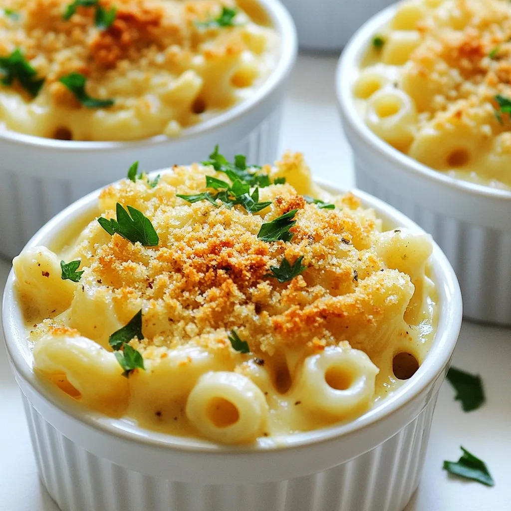 Für diese leckere Knoblauch-Parmesan-Makkaroni brauchst du: - 230 g Ellbogen-Makkaroni - 60 g ungesalzene Butter - 4 Knoblauchzehen, fein gehackt - 35 g Weizenmehl - 700 ml Milch (Vollmilch oder 2%) - 200 g geriebener scharfer Cheddar-Käse - 100 g geriebener Parmesan-Käse Diese Zutaten machen deine Makkaroni cremig und voll mit Geschmack. Füge diese Gewürze hinzu, um den Geschmack zu verbessern: - 1 Teelöffel Knoblauchpulver - 1 Teelöffel Zwiebelpulver - Salz und schwarzer Pfeffer nach Geschmack - 1/2 Teelöffel zerdrückte rote Pfefferflocken (optional) - 50 g Semmelbrösel (für das Topping) Die Gewürze bringen die Aromen zum Leben. Du kannst die roten Pfefferflocken weglassen, wenn du es milder magst. Wähle hochwertigen Käse für den besten Geschmack. - Cheddar: Scharfer Cheddar gibt eine tolle Tiefe. - Parmesan: Frisch geriebener Parmesan hat mehr Geschmack. Vermeide vorgeriebenen Käse, da er oft Zusatzstoffe hat. Frisch geriebener Käse schmilzt besser und sorgt für eine cremigere Soße. {{ingredient_image_2}} Beginne mit einem großen Topf. Fülle ihn mit gesalzenem Wasser. Setze ihn auf den Herd und bringe das Wasser zum Kochen. Wenn das Wasser kocht, füge 230 g Ellbogen-Makkaroni hinzu. Koche sie nach den Anweisungen auf der Verpackung, bis sie al dente sind. Das dauert etwa 8-10 Minuten. Gieße die Makkaroni ab und stelle sie beiseite. Nimm den gleichen Topf und stelle ihn wieder auf den Herd. Füge 60 g ungesalzene Butter hinzu und lasse sie bei mittlerer Hitze schmelzen. Sobald die Butter geschmolzen ist, füge 4 fein gehackte Knoblauchzehen hinzu. Sautiere die Knoblauchzehen für 1-2 Minuten, bis sie duften. Achte darauf, dass sie nicht anbrennen. Rühre 35 g Weizenmehl in die Butter und den Knoblauch ein. Koche das Ganze für 1-2 Minuten, um eine Mehlschwitze zu bilden. Gieße dann langsam 700 ml Milch hinein. Rühre mit einem Schneebesen, bis die Mischung glatt ist. Lass sie 3-5 Minuten köcheln, bis sie anfängt einzudicken. Reduziere die Hitze und füge 200 g scharfen Cheddar-Käse und 100 g Parmesan-Käse hinzu. Rühre weiter, bis der Käse geschmolzen ist. Gib dann die gekochten Makkaroni dazu und rühre alles gut um. Für das Topping mische 50 g Semmelbrösel mit einem Esslöffel geschmolzener Butter. Füge eine Prise Salz hinzu. Heize deinen Ofen auf 175°C vor. Übertrage die Makkaroni in eine Auflaufform. Streue das Semmelbrösel-Topping gleichmäßig darüber. Backe das Gericht 20-25 Minuten, bis die Oberseite goldbraun ist. Nimm die Auflaufform aus dem Ofen. Lass die Makkaroni ein paar Minuten abkühlen, bevor du sie servierst. Du kannst sie in individuellen Ramequins anrichten oder in einer großen Schüssel servieren. Garniere mit frischer Petersilie oder mehr Parmesan für einen schönen Effekt. Um eine perfekte Käsesoße zu machen, achte auf die Temperatur. Schmelze die Butter bei mittlerer Hitze. Füge den Knoblauch hinzu und brate ihn kurz an. So bleibt der Knoblauch aromatisch, ohne bitter zu werden. Nach dem Hinzufügen des Mehls ist es wichtig, gut zu rühren. So bilden sich keine Klumpen. Gieße die Milch langsam ein, während du rührst. Dies hilft, die Soße glatt zu halten. Wenn die Soße dick wird, füge die Käsesorten hinzu. Rühre, bis alles schmilzt. Das gibt dir die cremige Textur, die du liebst. Du kannst die Makkaroni leicht variieren. Füge gekochtes Gemüse wie Brokkoli oder Spinat hinzu. Das macht das Gericht gesünder und bunter. Möchtest du mehr Würze? Probiere Chilis oder Jalapeños. Eine Prise Muskatnuss kann der Soße auch Tiefe verleihen. Experimentiere mit verschiedenen Käsesorten. Gouda oder Mozzarella können für neue Geschmäcker sorgen. Diese kleinen Änderungen machen dein Gericht einzigartig. Wenn du Zeit sparen möchtest, bereite die Makkaroni im Voraus zu. Koche die Pasta und mache die Käsesoße. Mische beides und lege es in eine Auflaufform. Decke die Form gut ab und stelle sie in den Kühlschrank. Du kannst das Gericht dann später backen. Vor dem Backen, streue das Topping darüber. Achte darauf, die Backzeit anzupassen. So bleiben die Makkaroni frisch und lecker, wenn du sie servierst. Pro Tipps Die richtige Pasta: Wähle Ellbogen-Makkaroni für die perfekte Textur, die die Käsesoße gut aufnimmt. Alternativ kannst du auch andere Pastasorten wie Fusilli oder Penne verwenden. Frischer Knoblauch: Verwende frischen Knoblauch anstelle von Knoblauchpulver für einen intensiveren Geschmack. Achte darauf, ihn nicht zu lange zu braten, damit er nicht bitter wird. Käsevariationen: Experimentiere mit verschiedenen Käsesorten wie Gouda oder Mozzarella, um dem Gericht eine persönliche Note zu verleihen. Eine Mischung aus Käsesorten sorgt für mehr Geschmack. Für das perfekte Topping: Füge etwas geriebenen Parmesan zu den Semmelbröseln hinzu, um einen zusätzlichen Geschmack und eine schönere Kruste zu erhalten. Du kannst auch frische Kräuter wie Thymian oder Oregano hinzufügen. {{image_4}} Füge Gemüse hinzu, um die Makkaroni gesünder zu machen. Brokkoli, Spinat oder Erbsen passen gut. Diese Gemüse sind nährstoffreich und geben Farbe. Du kannst sie mit der Pasta kochen. Achte darauf, das Gemüse nicht zu weich zu kochen. So bleibt es knackig und frisch. Für glutenfreie Makkaroni suche nach speziellen Nudeln aus Reis oder Mais. Diese sind lecker und bieten den gleichen Biss. Möchtest du die Makkaroni vegan machen? Verwende pflanzliche Milch wie Mandel- oder Hafermilch. Nutze vegane Käsealternativen für den Käsegeschmack. So bleibt dein Gericht trotzdem cremig und köstlich. Wenn du es scharf magst, füge gehackte Chilis oder Jalapeños hinzu. Das bringt einen tollen Kick in dein Gericht. Du kannst die Chilis beim Kochen zusammen mit dem Knoblauch anbraten. Achte darauf, die Menge nach deinem Geschmack anzupassen. So genießt jeder einen Hauch von Würze in den Makkaroni. Um Reste von Knoblauch-Parmesan-Makkaroni lange frisch zu halten, lege sie in einen luftdichten Behälter. Lass das Gericht zuerst abkühlen. Das verhindert, dass sich Kondenswasser bildet. Du kannst die Makkaroni auch in Portionsgrößen aufteilen. So hast du immer ein schnelles Essen bereit. Wenn du die Makkaroni wieder aufwärmst, benutze eine Pfanne oder die Mikrowelle. Füge einen Schuss Milch hinzu, um die Soße cremig zu halten. Erwärme die Makkaroni bei mittlerer Hitze in der Pfanne. Rühre häufig um, damit sie nicht anbrennen. In der Mikrowelle, erhitze sie in kurzen Intervallen, um gleichmäßige Wärme zu erreichen. Im Kühlschrank halten die Makkaroni etwa 3 bis 5 Tage. Stelle sicher, dass der Behälter gut verschlossen ist. Wenn du sie länger aufbewahren möchtest, friere sie ein. Im Gefrierfach sind sie bis zu 3 Monate haltbar. Verpacke die Makkaroni in einem gefrierfesten Behälter oder Beutel. Beschrifte den Behälter mit dem Datum, damit du den Überblick behältst. Die Zubereitung der Knoblauch-Parmesan-Makkaroni dauert insgesamt etwa 45 Minuten. Du benötigst 15 Minuten für die Vorbereitung und 30 Minuten für das Kochen und Backen. Die Pasta selbst ist schnell gekocht, normalerweise in etwa 8 bis 10 Minuten. Ja, du kannst die Käsearten nach deinem Geschmack ändern. Du kannst zum Beispiel Gouda oder Mozzarella verwenden. Der Geschmack wird anders, aber das Gericht bleibt lecker. Experimentiere ruhig mit verschiedenen Käsesorten, um deine perfekte Mischung zu finden. Dieses Rezept ergibt 4 bis 6 Portionen. Es ist perfekt für ein Familienessen oder für einen gemütlichen Abend mit Freunden. Wenn du mehr Gäste hast, kannst du die Menge leicht verdoppeln. Zu Knoblauch-Parmesan-Makkaroni passen viele Beilagen gut. Ein frischer Salat bringt Farbe und Knusprigkeit. Auch gedünstetes Gemüse oder knuspriges Brot sind tolle Optionen. Sie ergänzen das cremige Gericht perfekt und sorgen für eine ausgewogene Mahlzeit. Knoblauch-Parmesan-Makkaroni sind eine leckere Wahl für jeden Abend. Wir haben die besten Zutaten und einfache Schritte besprochen. Du kannst viele Variationen ausprobieren, um das Gericht anzupassen. Achte auf die Lagerung, damit die Reste frisch bleiben. Mit den Tipps zur Käsesoße wird alles cremig. Egal, ob du eine gesunde oder würzige Variante wählst, dieses Rezept hat für jeden etwas dabei. Probiere es aus und genieße jedes Biss!