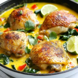 Für dieses Gericht brauchen Sie: - 4 Hähnchenschenkel ohne Knochen und Haut - 1 Dose (400 ml) Kokosmilch - 2 Esslöffel Limettensaft - 1 Esslöffel Limettenabrieb - 3 Knoblauchzehen, fein gehackt - 1 Teelöffel frischer Ingwer, gerieben - 1 Esslöffel Honig - 1 Teelöffel Salz - 1/2 Teelöffel schwarzer Pfeffer - 1 Esslöffel Olivenöl - 1 rote Paprika, in Streifen geschnitten - 1 Tasse frischer Spinat - Frischer Koriander, zum Garnieren - Limettenspalten, zum Servieren Diese Zutaten schaffen eine schöne Balance aus Geschmack und Textur. Die Kokosmilch macht das Gericht cremig und reichhaltig, während der Limettensaft frische Noten bringt. Die Gewürze spielen eine große Rolle. Hier sind die Hauptaromen: - Knoblauch bringt Tiefe und einen tollen Duft. - Ingwer fügt eine scharfe Note hinzu. - Honig balanciert die Säure der Limette aus. - Salz und Pfeffer runden den Geschmack ab. Diese Kombination verstärkt die Aromen. Sie können die Gewürze nach Ihrem Geschmack anpassen. Mehr Ingwer macht es schärfer, mehr Honig süßer. Ich empfehle, das Gericht mit Basmatireis oder Quinoa zu servieren. Diese Beilagen passen gut zur Sauce. Auch ein frischer Salat harmoniert toll. Sie bringen zusätzliche Farbe und Frische auf den Teller. {{ingredient_image_2}} Um die Kokosmilchmischung vorzubereiten, nimm eine große Schüssel. Füge die Kokosmilch hinzu. Gib dann den Limettensaft und den Limettenabrieb dazu. Jetzt kommen die fein gehackten Knoblauchzehen und der geriebene Ingwer. Süße das Ganze mit dem Honig. Streue Salz und Pfeffer hinein. Mische alles gut mit einem Schneebesen. Es sollte eine glatte Masse entstehen. Erhitze eine große Pfanne bei mittlerer bis hoher Hitze. Gib das Olivenöl hinein und lasse es heiß werden. Lege die Hähnchenschenkel in die Pfanne. Brate sie für 5 bis 7 Minuten auf jeder Seite. Sie sollten goldbraun und durchgegart sein. Nimm das Hähnchen aus der Pfanne und lege es beiseite. In derselben Pfanne brate die geschnittene rote Paprika an. Mache das für etwa 3 Minuten, bis sie weich wird. Gieße nun die vorbereitete Kokosmilchmischung in die Pfanne. Lass sie leicht köcheln und reduziere sie für 5 Minuten. Das verstärkt die Aromen. Rühre den frischen Spinat ein und lege das Hähnchen zurück in die Pfanne. Koche alles für 2 bis 3 Minuten, bis der Spinat mit der Sauce verwelkt ist. Schmecke das Gericht ab und passe die Gewürze an. Um das perfekte Hähnchen zu braten, achte auf die Temperatur. Erhitze das Olivenöl gut, bevor du die Hähnchenschenkel hinzufügst. Sie sollten beim Kontakt mit der Pfanne zischen. Brate sie etwa 5-7 Minuten pro Seite. So erhältst du eine schöne goldene Farbe. Überprüfe die Garzeit. Das Hähnchen ist fertig, wenn der Saft klar und das Fleisch saftig ist. Das Rezept ist flexibel. Du kannst die Gewürze nach deinem Geschmack anpassen. Magst du es scharf? Füge etwas Chili oder Cayennepfeffer hinzu. Für mehr Süße kannst du den Honig erhöhen. Wenn du einen intensiveren Limettengeschmack möchtest, verwende mehr Limettensaft und -abrieb. Probiere verschiedene Kombinationen aus, bis du die perfekte Mischung gefunden hast. Die Präsentation macht das Essen noch besser. Serviere das Gericht in einer großen flachen Schüssel. So kommen die Farben der roten Paprika und des Spinats gut zur Geltung. Garniere das Gericht mit frischem Koriander und Limettenspalten. Dies bringt Frische und sieht appetitlich aus. Denk daran, das Gericht warm zu servieren, um den besten Geschmack zu genießen. Pro Tipps Fleisch marinieren: Lassen Sie die Hähnchenschenkel vor dem Braten mindestens 30 Minuten in der Kokosmilchmischung marinieren, um den Geschmack zu intensivieren. Frische Kräuter: Verwenden Sie frischen Koriander für die Garnitur, um dem Gericht ein frisches Aroma zu verleihen und die Aromen zu verstärken. Würzen nach Geschmack: Probieren Sie das Gericht während des Kochens und passen Sie die Gewürze nach Ihrem persönlichen Geschmack an. Eine Prise Chili kann auch für eine extra Schärfe sorgen. Beilagenoptionen: Servieren Sie das Gericht mit Reis oder Quinoa, um eine sättigende Beilage zu bieten, die die köstliche Kokos-Limetten-Sauce hervorragend ergänzt. {{image_4}} Für eine vegetarische oder vegane Version kann man das Hähnchen durch Tofu ersetzen. Schneiden Sie den Tofu in Würfel und braten Sie ihn goldbraun an. Verwenden Sie dann die gleiche Kokosmilchmischung. Der Tofu nimmt die Aromen gut auf. Ein weiterer Vorschlag ist, Kichererbsen zu verwenden. Diese geben eine tolle Textur und einen nussigen Geschmack. Wenn Sie andere Proteine ausprobieren möchten, sind Garnelen eine großartige Wahl. Garnelen kochen schnell und passen gut zur Kokos-Limetten-Sauce. Sie können auch Hähnchenbrustfilets verwenden, die weniger Fett enthalten. Wenn Sie einen herzhaften Geschmack mögen, probieren Sie Lammfleisch. Es gibt viele Möglichkeiten, das Gericht anzupassen. Die Wahl des Gemüses kann das Gericht verändern. Zucchini oder Brokkoli sind tolle Ergänzungen. Diese Gemüsesorten bringen Farbe und Nährstoffe. Auch Erbsen eignen sich gut, um etwas Süße hinzuzufügen. Fühlen Sie sich frei, mit saisonalem Gemüse zu experimentieren. So bleibt das Rezept spannend und frisch. Um die Reste deines Kokos-Limetten-Hähnchens frisch zu halten, lege sie in einen luftdichten Behälter. Achte darauf, dass die Reste gut abgekühlt sind, bevor du sie verpackst. Das hilft, Kondenswasser zu vermeiden. Du kannst das Hähnchen auch in Portionen aufteilen, um es einfacher zu machen, wenn du es wieder aufwärmst. Im Kühlschrank hält sich das Kokos-Limetten-Hähnchen bis zu drei Tage. Wenn du es länger aufbewahren möchtest, friere es ein. Im Gefrierfach bleibt es bis zu drei Monate frisch. Denke daran, das Hähnchen vor dem Einfrieren gut zu verpacken. Verwende am besten Gefrierbeutel, um Platz zu sparen. Um das Hähnchen wieder aufzuwärmen, erwärme es langsam in einer Pfanne bei mittlerer Hitze. Füge etwas Wasser oder Kokosmilch hinzu, um es saftig zu halten. Du kannst auch die Mikrowelle verwenden. Decke den Behälter ab, um Dampf zu erzeugen und das Hähnchen nicht trocken werden zu lassen. Achte darauf, das Hähnchen gut durchzuwärmen, damit es angenehm heiß ist. Die Zubereitung des Kokos-Limetten-Hähnchens dauert insgesamt 30 Minuten. Die Vorbereitungszeit beträgt nur 10 Minuten. Das Anbraten des Hähnchens und das Kochen der Sauce braucht etwa 20 Minuten. So haben Sie schnell ein leckeres Gericht auf dem Tisch. Ja, frische Limetten sind eine tolle Wahl! Sie geben dem Gericht einen intensiven Geschmack. Pressen Sie einfach eine frische Limette aus und verwenden Sie den Saft anstelle des Limettensafts. Außerdem können Sie die Schale der Limetten raspeln und als Limettenabrieb verwenden. Das macht das Gericht noch frischer. Ja, dieses Rezept ist perfekt für Meal Prep. Sie können das Hähnchen und die Sauce im Voraus zubereiten. Lagern Sie die Reste in luftdichten Behältern im Kühlschrank. So bleibt das Gericht bis zu drei Tage frisch. Erwärmen Sie es einfach in der Mikrowelle oder in einer Pfanne, wenn Sie es essen möchten. Es schmeckt auch am nächsten Tag gut! Die Kokos-Limetten-Hähnchenpfanne ist einfach zuzubereiten und lecker. Du brauchst frische Zutaten, Gewürze und passende Beilagen. Folge der Schritt-für-Schritt-Anleitung, um das Hähnchen perfekt zu braten. Denke an Tipps für die Präsentation und verschiedene Variationen, die du ausprobieren kannst. Lagere Reste richtig, um die Haltbarkeit zu maximieren. Jetzt bist du bereit, leckere Gerichte zu kochen und deine Familie zu beeindrucken. Viel Spaß beim Ausprobieren!