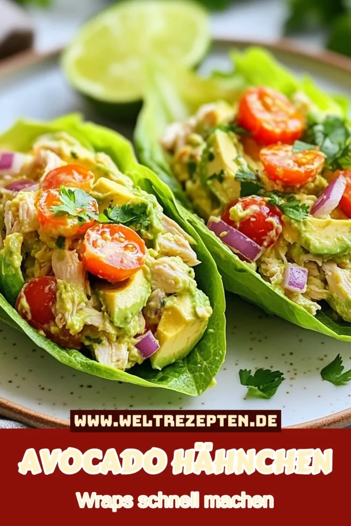 Entdecken Sie dieses leckere Avocado Hähnchen Salat Rezept, das perfekt für gesunde Mahlzeiten ist! Diese köstlichen Lettuce Wraps sind einfach zuzubereiten und eine großartige gesunde Salatfüllung für glutenfreie Wraps. Genießen Sie unser einfaches Hähnchenrezept und bringen Sie frische Aromen auf Ihren Tisch. Speichern Sie das Rezept und probieren Sie es aus! #AvocadoHähnchenSalat #LettuceWrapsRezept #GesundeSalatfüllung #EinfachesHähnchenrezept