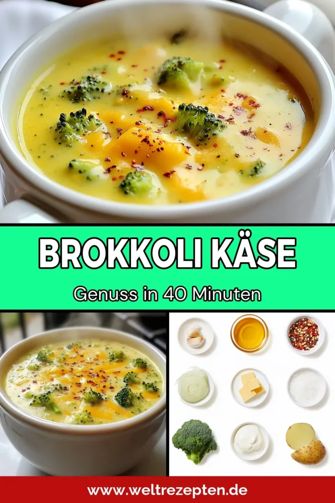 Entdecken Sie dieses köstliche Rezept für Brokkoli Käse Suppe, perfekt für alle, die eine einfache Brokkolisuppe lieben. Diese cremige Käsebrokkolisuppe ist nicht nur lecker, sondern auch eine gesunde Wahl für Suppenrezepte. Genießen Sie eine vegane Brokkoli Suppe, die viele Geschmäcker vereint. Probieren Sie sie aus und lassen Sie sich von der cremigen Textur begeistern! Speichern Sie das Rezept für später! #BrokkoliKäseSuppe #EinfacheBrokkolisuppe #GesundeSuppenrezepte #VeganeBrokkoliSuppe