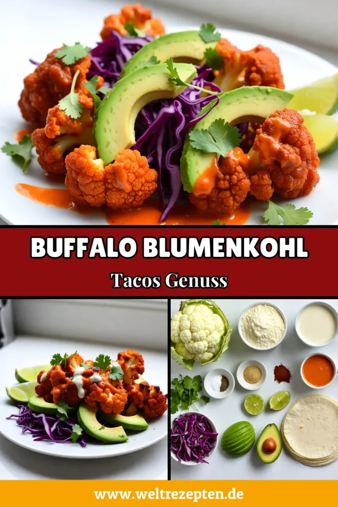 Genieße köstliche Buffalo Blumenkohl Tacos mit diesem einfachen, veganen Tacos Rezept! Diese glutenfreien Tortillas sind perfekt für ein schnelles Abendessen und werden mit knusprigem Blumenkohl und einer würzigen pflanzlichen Buffalo Sauce zubereitet. Probiere auch unsere Blumenkohl Nachos für einen tollen Snack! Lass dir dieses Rezept nicht entgehen und speichere es jetzt! #BuffaloBlumenkohlTacos #veganeTacosRezept #glutenfreieTortillas #pflanzlicheBuffaloSauce