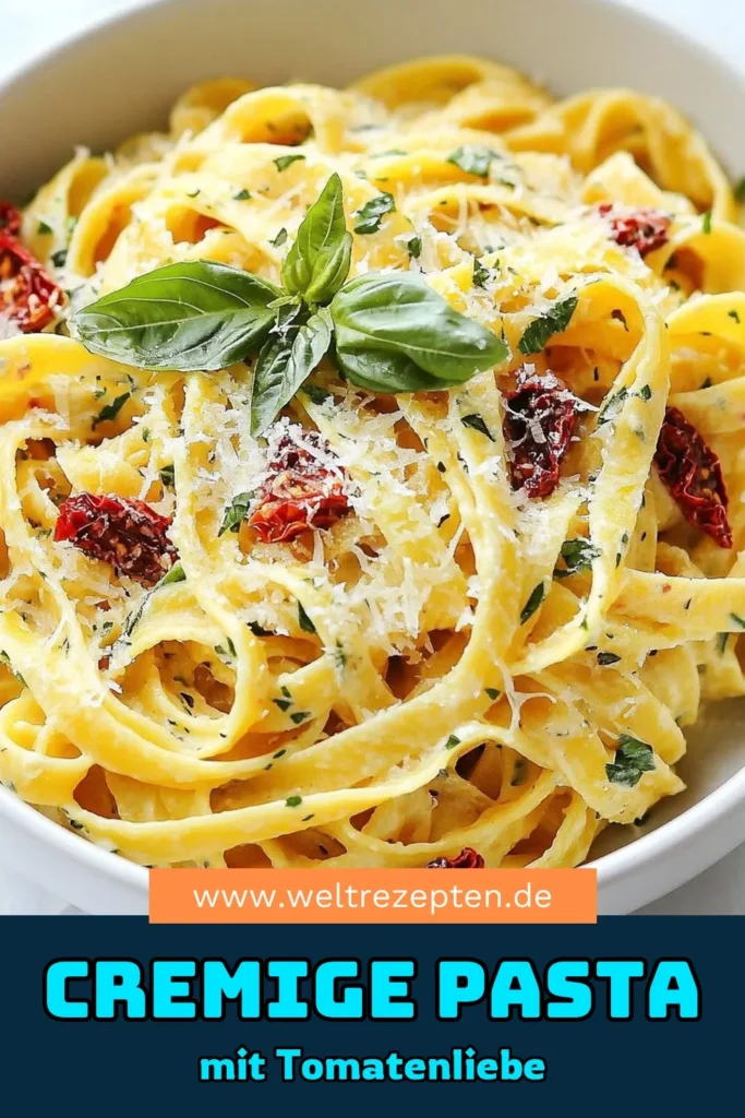 Entdecke unser cremiges Pasta Rezept mit getrockneten Tomaten! Diese einfache Pasta Gerichte Kombination aus Fettuccine und einer sahnigen italienischen Sauce mit Parmesan wird deine Geschmacksknospen begeistern. Koche jetzt dein eigenes Rezept für italienische Pasta mit Sahnesauce und überrasche Familie und Freunde. Lass dir dieses einfache Gericht nicht entgehen! #cremigePastaRezept #getrockneteTomatenPasta #FettuccineMitParmesan #einfachePastaGerichte