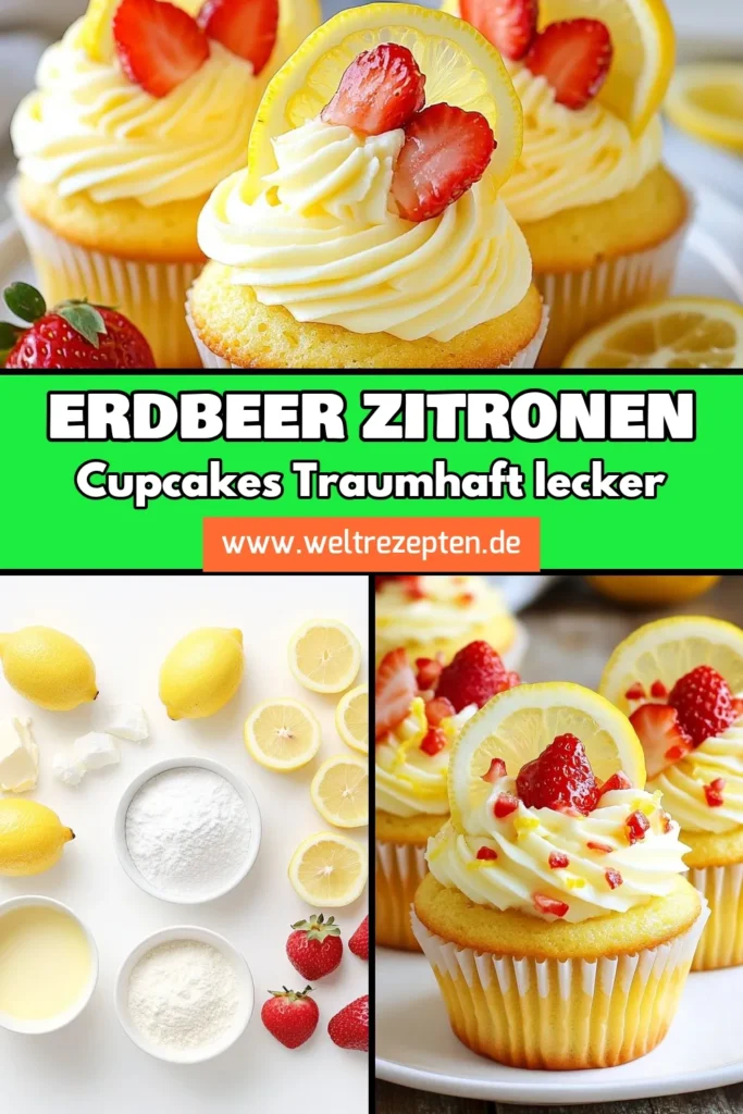 Entdecken Sie unser einfaches Cupcake Rezept für köstliche Erdbeer-Zitronen Cupcakes! Mit frischen Früchten und einem himmlischen Zitronen Frosting sind diese Cupcakes der perfekte Genuss für jeden Anlass. Ideal für Erdbeerrezepte und als Dessert zum Verwöhnen! Probieren Sie es aus und teilen Sie Ihre Kreation! #ErdbeerZitronenCupcakes #CupcakeRezeptEinfach #ZitronenFrosting #CupcakesMitFrischenFrüchten