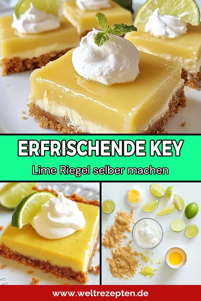 Entdecken Sie das ideale Rezept für köstliche Key Lime Pie Riegel! Diese zesty Key Lime Rezept mit einem perfekten Graham Cracker Boden ist ein erfrischendes Limetten Dessert, das einfach zuzubereiten ist. Perfekt für jede Gelegenheit und ein Genuss für alle! Bereiten Sie sich darauf vor, Ihre Gäste mit diesen einfachen Key Lime Bars zu beeindrucken. Speichern Sie das Rezept und probieren Sie es aus! #KeyLimePieRiegel #LimettenDessert #GrahamCrackerBoden #einfacheKeyLimeBars