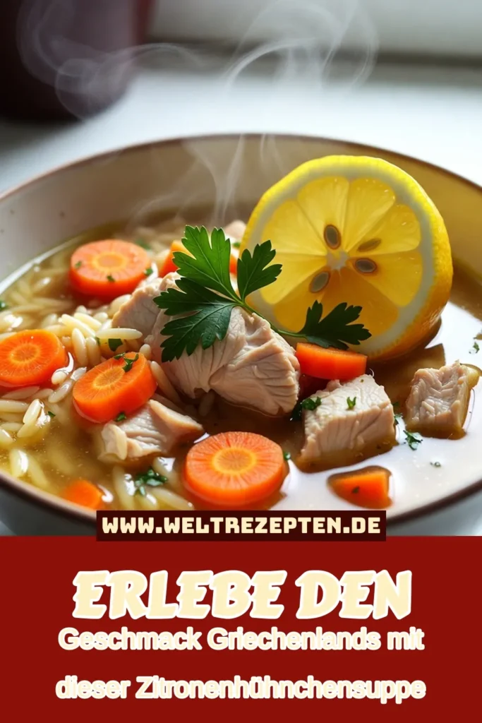 Entdecken Sie die köstliche Griechische Zitronenhühnchensuppe, ein ideales Hühnersuppe mit Zitrone Rezept für die ganze Familie. Mit zartem Hühnerfleisch, frischen Orzo-Nudeln und einem Hauch von Zitrone zaubern Sie ein geschmackvolles mediterranes Suppenrezept. Perfekt, um an kalten Tagen zu genießen. Probieren Sie dieses gesunde Hühnersuppe Rezept aus und lassen Sie sich inspirieren! #GriechischeZitronenhühnchensuppe #HühnersuppeMitZitrone #MediterraneKüche #OrzoNudeln