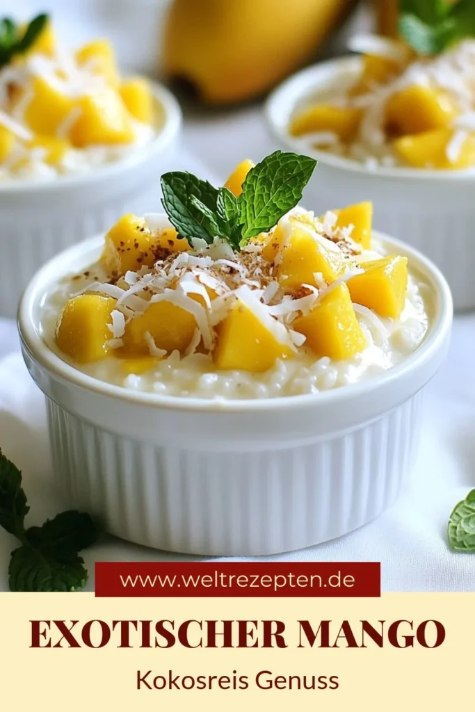 Genießen Sie diesen köstlichen Mango Kokosreis-Pudding, ein perfektes Kokosmilch Rezept für Ihre nächste süße Versuchung. Mit Jasminreis und frischer Mango ist dieses tropische Pudding Rezept einfach unwiderstehlich. Ideal als exotische Nachspeise Rezept für jeden Anlass! Probieren Sie es aus und lassen Sie sich von diesem cremigen Dessert verzaubern. Speichern Sie das Rezept für später! #MangoKokosreisPudding #KokosmilchRezept #JasminreisDessert #ExotischeNachspeise