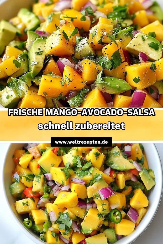 Entdecken Sie unser köstliches Rezept für Mango-Avocado-Salsa – die perfekte Mischung aus frischer Mango und Avocado! Diese gesunde Salsa mit Mango ist nicht nur einfach zuzubereiten, sondern auch ideal für jedes Fest. Verfeinern Sie Ihre Gerichte mit unserer tropischen Salsa, die mit frischem Koriander zubereitet wird. Perfekt als Dip oder als Topping! Speichern Sie das Avocado-Salsa Rezept für den nächsten Grillabend! #MangoAvocadoSalsa #tropischeSalsaRezepte #gesundeSalsa #AvocadoSalsaRezept