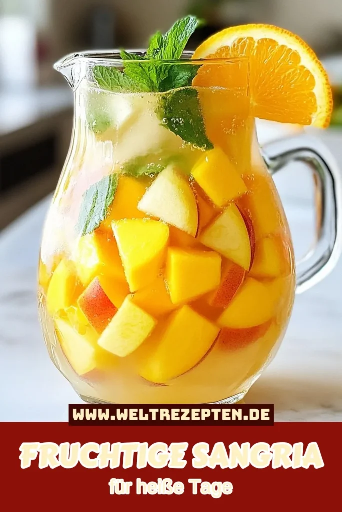 Entdecke das erfrischende Pfirsich-Mango Sangria Mocktail Rezept! Dieser alkoholfreie Sangria ist perfekt für heiße Sommertage und überzeugt mit fruchtigem Geschmack. Mit reifen Pfirsichen, süßer Mango und sprudelndem Wasser wird dieser fruchtige Mocktail zum Highlight jeder Feier. Prost auf unvergessliche Momente! Probiere es aus und speichere das Rezept für deine nächsten Sommerabende! #Mocktail #Sommergetränk #Sangria #Rezept