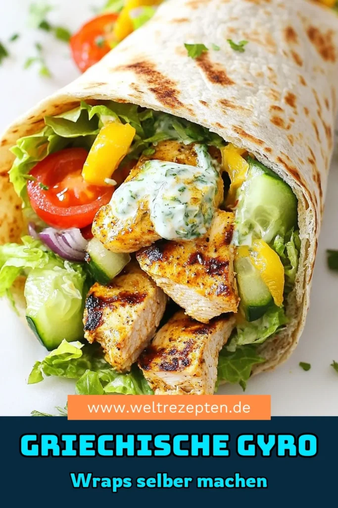 Entdecke das perfekte Rezept für Griechische Chicken Gyro Wraps! Dieses köstliche Hähnchen Gyro Rezept kombiniert zartes Hähnchen, frisches Gemüse und eine selbstgemachte Tzatziki Sauce für gesunde Wraps, die du lieben wirst. Fülle dein Pita-Brot mit geschmackvollen Zutaten und genieße diese leichte Mahlzeit. Probiere es aus und teile deine Kreation! #GriechischeGyroWraps #HähnchenGyroRezept #TzatzikiSauce #GesundeWraps