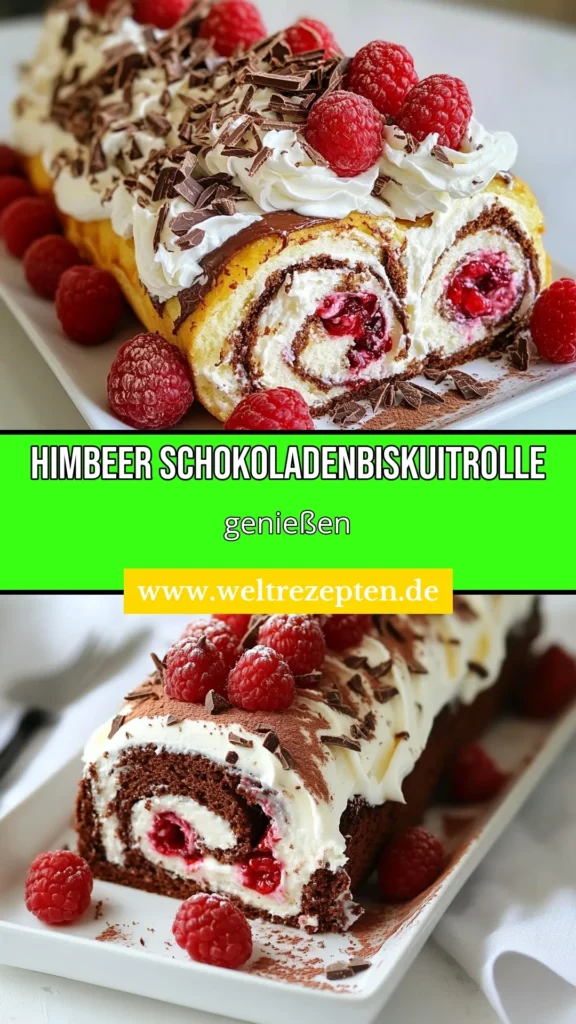 Zaubere mit dieser Himbeer-Schokoladen-Biskuitrolle ein köstliches Himbeer-Dessert, das begeistert! Dieses einfache Biskuitrolle Rezept kombiniert zarte Schokoladenkuchen mit Himbeeren und frischer Sahne für ein himmlisches Geschmackserlebnis. Perfekt für jede Feier oder als süßer Genuss für zwischendurch. Probiere jetzt das Biskuitrolle Rezept aus und lass dich von der Kombination verzaubern! #HimbeerSchokoladenBiskuitrolle #HimbeerDessert #BiskuitrolleRezept #SchokoladenkuchenMitHimbeeren