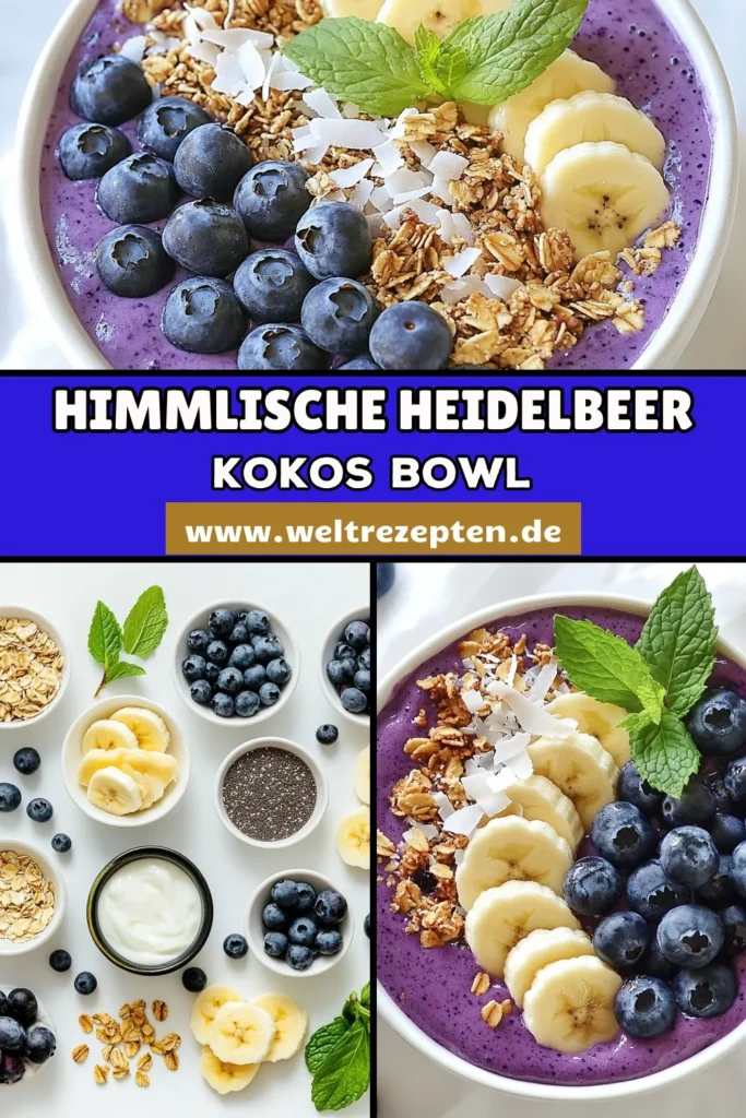 Entdecken Sie das Rezept für eine köstliche Heidelbeer Kokos Smoothie Bowl, die perfekt als gesunde Frühstücksbowl geeignet ist! Diese cremige und erfrischende Smoothie Bowl enthält gefrorene Heidelbeeren, Kokosmilch und gesunde Toppings für den ultimativen Genuss. Ideal für vegane Frühstücksideen – einfach zuzubereiten und voller Nährstoffe. Teilen Sie Ihre Kreation und speichern Sie dieses einfache Smoothie Bowl Rezept! #SmoothieBowl #GesundeRezepte #Vegan #Frühstücksideen