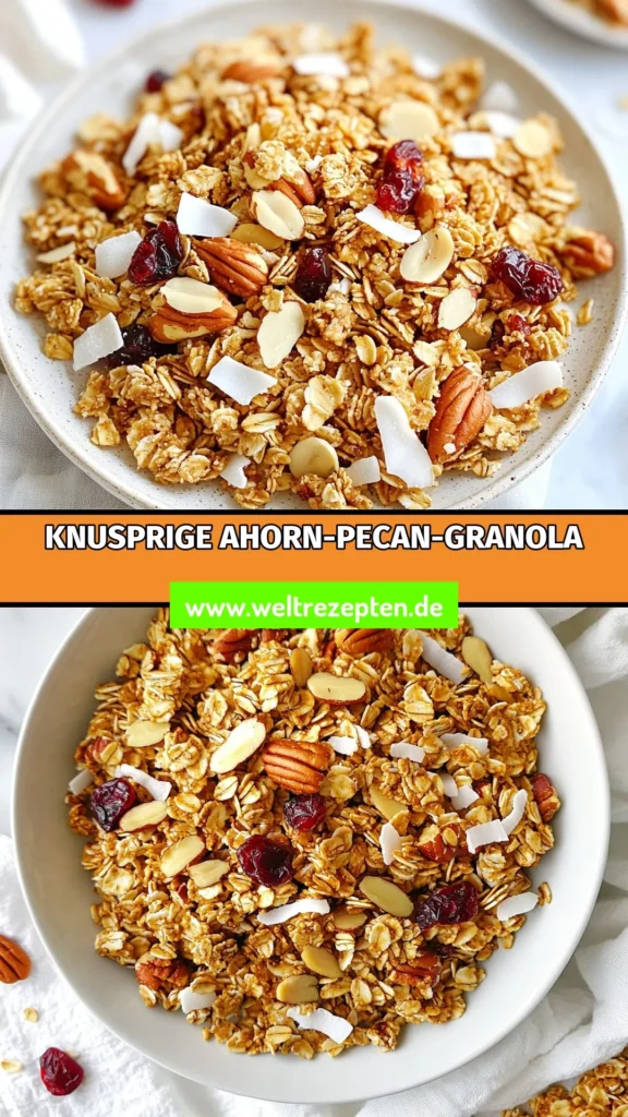 Entdecken Sie unser Rezept für köstliche Ahorn Pecan Granola, die perfekte Option für gesunde Frühstücksideen und glutenfreie Snacks. Diese hausgemachte Granola vereint Haferflocken, gehackte Pecannüsse und einen Hauch von Zimt. Ideal als Frühstück oder Snack! Bereiten Sie es einfach zu und genießen Sie den großartigen Geschmack. Probieren Sie dieses Zimtriegel Rezept noch heute aus und speichern Sie es für später! #AhornPecanGranola #gesundeFrühstücksideen #hausgemachteGranola #glutenfreieSnacks