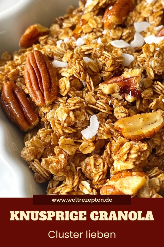Entdecke das perfekte Ahorn-Pekannuss Rezept mit diesen knusprigen Granola Clustern! Diese gesunden Snacks sind einfach zuzubereiten und ideal für ein schnelles Frühstück oder als Snack für zwischendurch. Unsere selbstgemachte Granola bietet dir eine köstliche Mischung aus Haferflocken, Pekannüssen und einem Hauch von Zimt. Probiere es aus und kreiere deine eigene knusprige Granola Cluster! Teile deine Kreation! #GranolaCluster #GesundeSnacks #Frühstücksideen #SelbstgemachteGranola