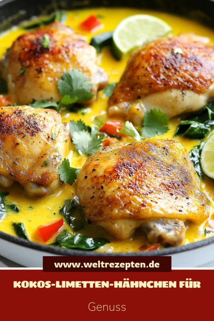 Entdecken Sie unser köstliches Kokos-Limetten-Hähnchen Rezept! Diese schnelle Hähnchenpfanne ist ein exotisches Hähnchen Gericht, das mit zarter Kokosmilch und frischen Limetten zubereitet wird. Ideal für eine gesunde Mahlzeit, die Ihre Familie lieben wird. Perfekt für geschäftige Wochenabende! Probieren Sie dieses Hähnchenschenkel Rezept aus und lassen Sie sich von den Aromen verzaubern. Speichern Sie es jetzt! #KokosLimettenHähnchen #SchnelleHähnchenpfanne #ExotischesHähnchen #GesundeKokosmilchRezepte