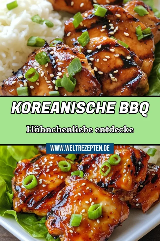 Entdecken Sie das Rezept für Koreanisches BBQ Hähnchen, das Ihre Grillabende revolutionieren wird! Diese köstlichen Hähnchenunterkeulen marinieren Sie in einer aromatischen Hähnchenunterkeulen Marinade mit Gochujang, die für das perfekte asiatische Grillrezept sorgt. Einfach zuzubereiten und unglaublich lecker! Probieren Sie es aus und überzeugen Sie sich selbst. Speichern Sie dieses einfache Hähnchenrezept für Ihre nächste Grillparty! #KoreanischesBBQ #GochujangRezept #AsiatischeGrillrezepte #EinfacheHähnchenrezepte
