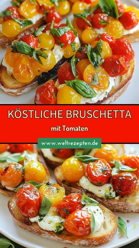 Entdecken Sie unser köstliches Rezept für Bruschetta mit gerösteten Tomaten und frischem Basilikum! Diese italienische Vorspeise ist einfach zuzubereiten und perfekt für jede Gelegenheit. Mit unserem Basilikum Bruschetta Rezept bringen Sie den Geschmack Italiens direkt zu Ihnen nach Hause. Lassen Sie sich inspirieren von unseren einfachen Bruschetta mit Tomaten und weiteren köstlichen Bruschetta Ideen. Speichern Sie das Rezept für Ihre nächste Feier! #Bruschetta #ItalienischeVorspeise #Tomaten #Basilikum