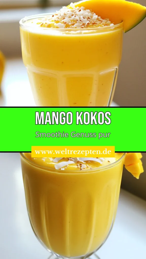 Entdecken Sie unser erfrischendes Rezept für Ihren perfekten Mango-Kokos-Smoothie! Dieser gesunde Smoothie vereint die köstlichen Aromen von reifer Mango und cremiger Kokosmilch zu einem tropischen Vergnügen. Ideal für jede Tageszeit, bringt dieser Kokosmilch Rezept die Sonne in Ihr Glas. Probieren Sie es aus und genießen Sie den Geschmack des Paradieses! Speichern Sie dieses Rezept für Ihren nächsten Smoothie-Spaß! #MangoKokosSmoothie #GesunderSmoothie #TropischerSmoothie #SmoothieRezept