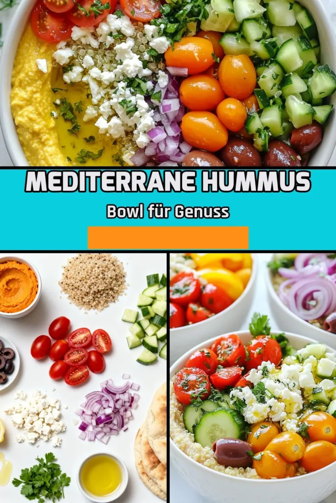 Entdecke das perfekte Hummus-Bowl Rezept mit mediterranen Aromen! Diese gesunden Mediterrane Bowls vereinen Quinoa, frische Gemüse und Feta-Salat mit Hummus zu einem köstlichen Gericht. Ideal für leichte Mittagessen oder Snacks, serviert mit Pita-Brot Dips. Lass dich inspirieren und erlebe, wie einfach gesunde Quinoa Rezepte sein können. Probiere es jetzt aus und teile deine Kreationen! #HummusBowl #GesundeRezepte #MediterraneBowls #PitaBrotDips