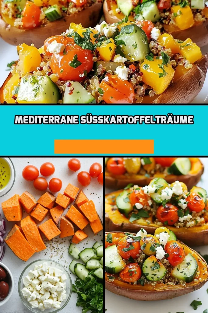 Entdecken Sie unser köstliches Rezept für mediterrane gefüllte Süßkartoffeln! Diese einfachen gesunden Rezepte vereinen die Aromen von Quinoa, Feta und frischem Gemüse in einer perfekt gebackenen Süßkartoffel. Ideal für alle, die vegetarische Süßkartoffelgerichte lieben! Probieren Sie dieses Süßkartoffel Quinoa Rezept aus – es ist einfach und lecker! Speichern Sie es und genießen Sie gesunde Mahlzeiten. #Süßkartoffel #Vegetarisch #Gesundessen #Mediterran