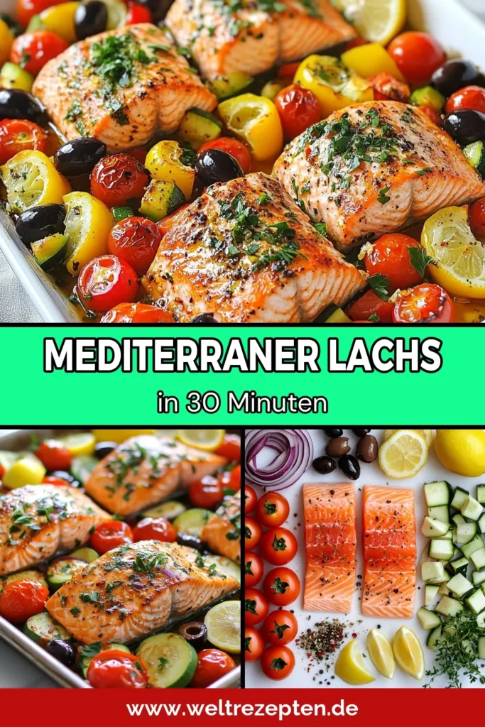 Entdecken Sie dieses köstliche Rezept für Mediterraner Lachs aus dem Blech! Perfekt für ein gesundes Abendessen, kombiniert es zarte Lachsfilets mit frischem mediterranem Gemüse. In nur 30 Minuten genießen Sie ein gesundes Rezept Lachs, das sowohl nährstoffreich als auch einfach zuzubereiten ist. Ideal für die ganze Familie! Probieren Sie es aus und sichern Sie sich diese gesunde Mahlzeit für Ihren nächsten Speiseplan! #MediterranerLachs #LachsAusDemBlech #GesundesRezeptLachs #MediterranesGemüsegericht