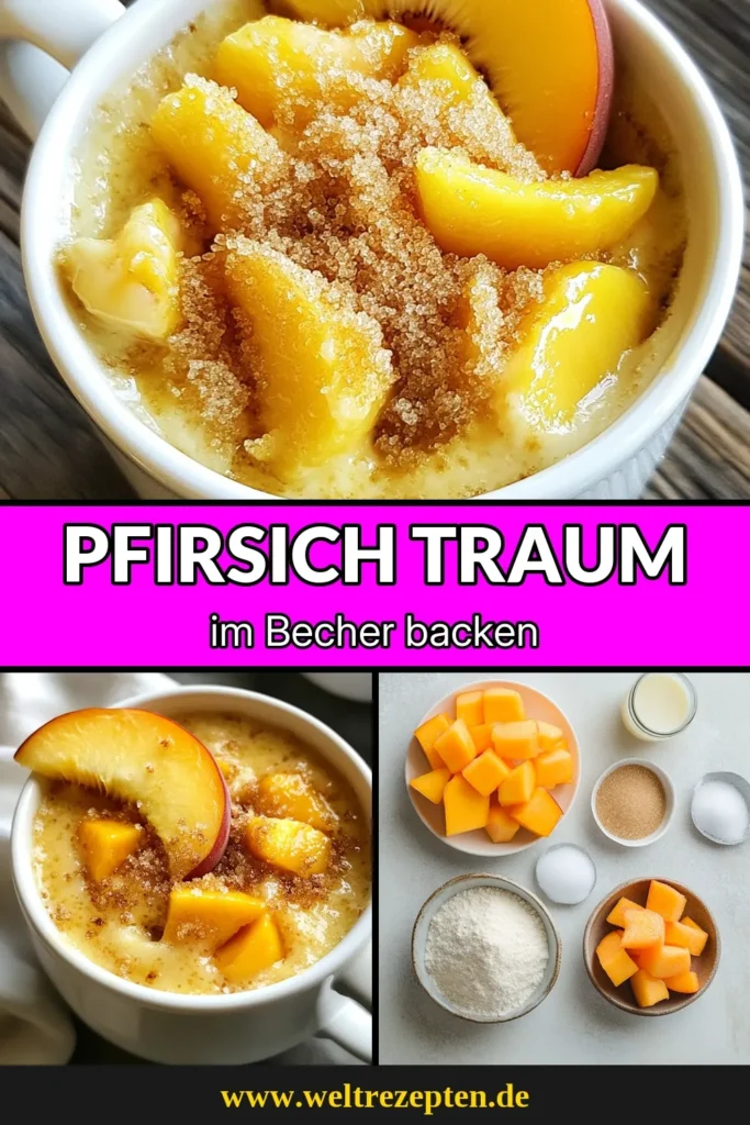 Entdecken Sie das perfekte schnelles Dessert Rezept mit diesem Pfirsich Mug Cake! Dieser einfache Mug Cake Rezept ist ideal für alle, die schnelle und köstliche Mikrowellen Kuchen lieben. In nur 5 Minuten zaubern Sie einen saftigen Pfirsich Mug Cake, der mit seiner süßen Karamellkruste begeistert. Probieren Sie es aus und genießen Sie einen fruchtigen Genuss! Speichern Sie das Rezept für später! #PfirsichMugCake #SchnellesDessertRezept #EinfachenKuchenrezepte #MikrowellenKuchen