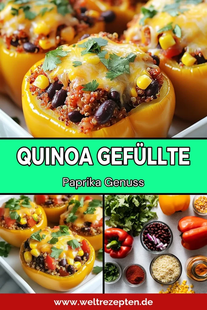 Entdecke unser köstliches Rezept für Quinoa gefüllte Paprika, ein einfaches und gesundes vegetarisches Gericht! Diese südwestliche Paprika Rezept kombiniert Quinoa, schwarze Bohnen und frisches Gemüse zu einer perfekten einfachen Paprika Füllung. Lass dich inspirieren und genieße gesunde gefüllte Paprika, die sowohl lecker als auch nahrhaft sind. Probiere es jetzt aus und verwandle dein Abendessen! #QuinoaGefülltePaprika #SüdwestlichePaprikaRezept #GesundeGefülltePaprika #VegetarischeQuinoaGericht