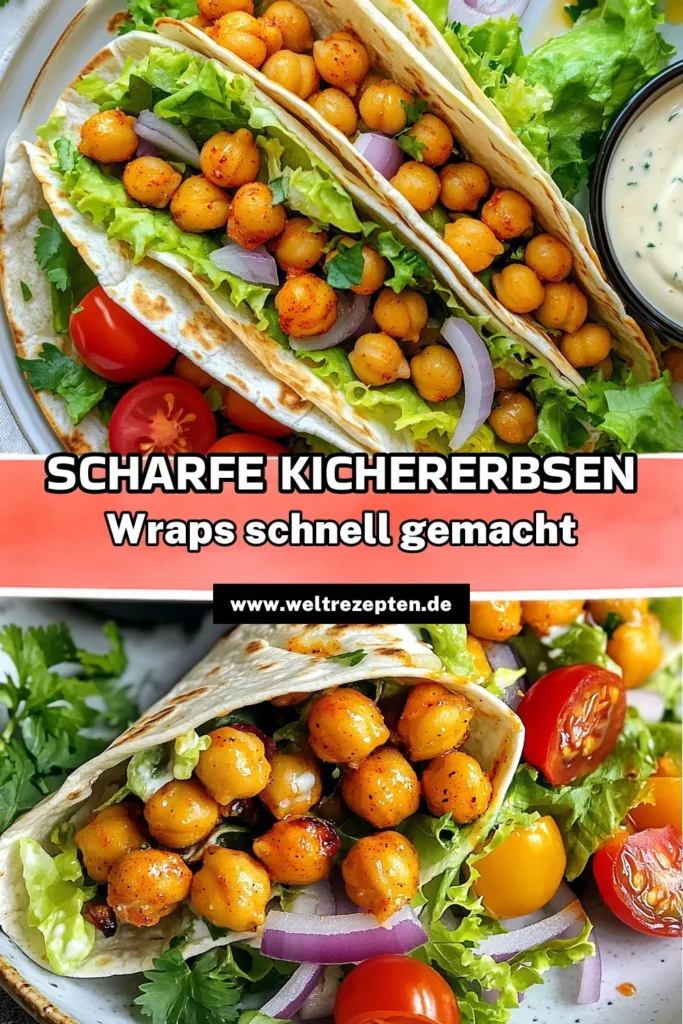 Entdecke unser scharfes Kichererbsen Wraps Rezept, das deine Geschmacksnerven verzaubert! Diese Buffalo-Kichererbsen Wraps sind nicht nur lecker, sondern auch perfekt für gesunde Tortilla Rezepte. Unsere veganen Wraps sind einfach zuzubereiten und eignen sich hervorragend als Kichererbsen Snacks für jede Gelegenheit. Probiere es aus und bringe etwas Würze in deine Küche! Speichere dir dieses Rezept jetzt! #vegan #kichererbsen #gesundessen #wraps