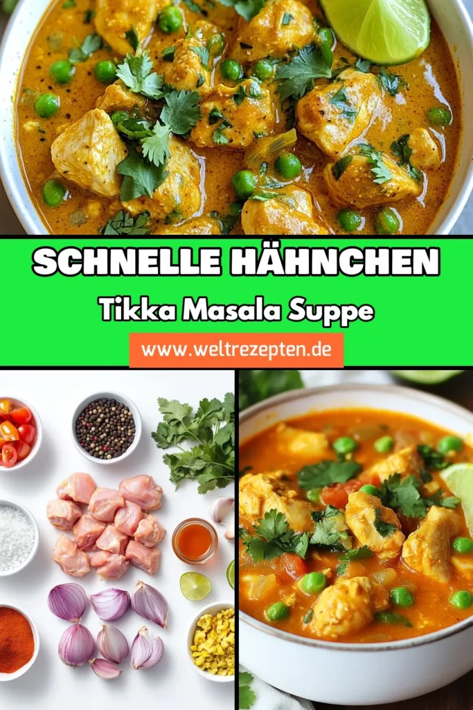 Entdecke unser einfaches Rezept für Instant Pot Hähnchen Tikka Masala Suppe! Diese indische Suppe schnell zubereitet, vereint zartes Hähnchen und cremige Kokosmilch Tikka Masala für ein köstliches Abendessen. Perfekt für geschäftige Wochentage. Probiere diese einfachen Instant Pot Rezepte aus und genieße den Geschmack Indiens in deiner Küche! Speichere das Rezept für später! #InstantPot #HähnchenSuppe #IndischeKüche #Kokosmilch