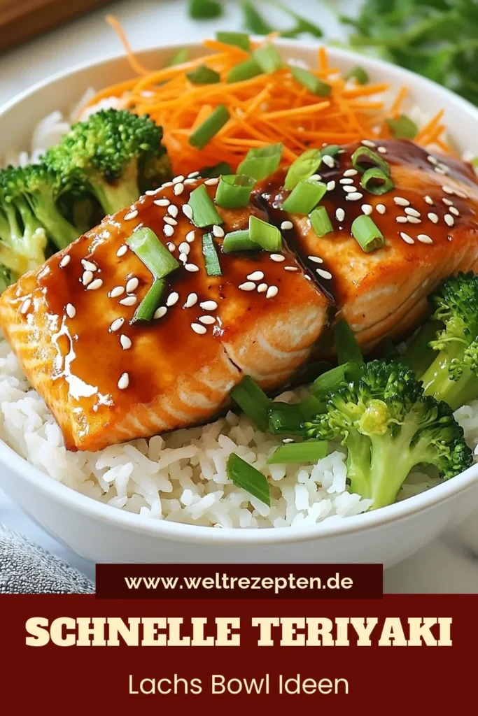 Entdecke unser köstliches Teriyaki-Lachs-Rezept! Diese gesunde Lachsgerichte Kombination aus saftigem Lachs und aromatischer Teriyaki-Sauce vereint sich in einer Reisbowl mit Lachs und jasminreis. Perfekt für eine schnelle und nahrhafte Mahlzeit. Probiere dieses asiatische Rezept mit Lachs aus und genieße es mit gedämpftem Gemüse. Klicke jetzt, um das Rezept nachzukochen! #TeriyakiLachs #Reisbowl #GesundeRezepte #AsiatischeKüche