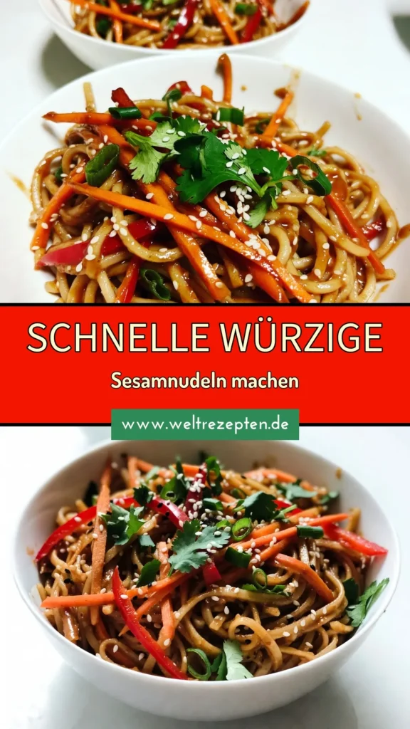 Entdecke unser einfaches und schmackhaftes Würzige Sesamnudeln Rezept! Diese Soba Nudeln mit Sesam sind die perfekte Wahl für alle, die asiatische Nudeln mit Gemüse lieben. Mit Tahini und frischem Gemüse zubereitet, sind sie ein ideales Schnellgericht mit Sesam für vegane Genießer. Probiere dieses Rezept aus und verwandele deine Küche in eine asiatische Genusswelt! Speichere es für später! #WürzigeSesamnudeln #SobaNudeln #AsiatischeNudeln #VeganeNudeln