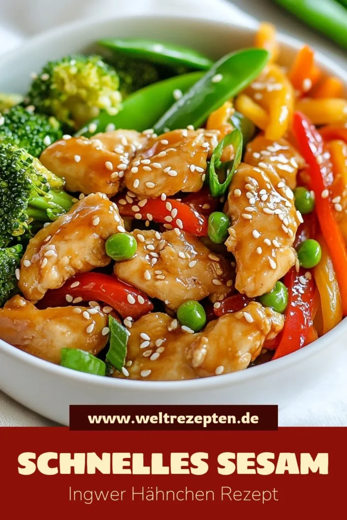 Entdecke unser köstliches Sesam Ingwer Hähnchen, das perfekte Hähnchen Pfanne Rezept für schnelle Abendessen! Dieses gesunde Hähnchenrezept kombiniert saftiges Hähnchen mit frischem Gemüse in einem aromatischen Wok Rezept, das typisch für die asiatische Küche ist. Schnell zubereitet und einfach lecker! Probiere es heute aus und bring etwas Abwechslung auf deinen Tisch! #SesamIngwerHähnchen #HähnchenPfanneRezept #GemüseWokRezept #asiatischeKüche