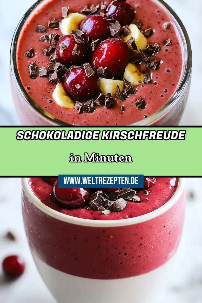 Entdecken Sie das ultimative Rezept für einen köstlichen Kirsch-Smoothie! Dieser Schokoladen-Smoothie ist nicht nur lecker, sondern auch ein gesundes Smoothie-Rezept, das gefrorene Kirschen perfekt zur Geltung bringt. Ideal für vegane Smoothies – einfach zuzubereiten und voller Geschmack! Bereiten Sie sich auf ein erfrischendes Geschmackserlebnis vor. Save diese Idee für den nächsten Smoothie-Moment! #KirschSmoothie #SchokoladenSmoothie #gesundeSmoothieRezepte #veganeSmoothies