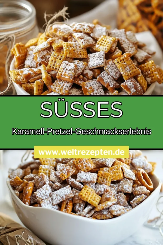 Entdecke dieses einfache Rezept für Karamell-Pretzel-Puppy-Chow, das süße Snacks mit Erdnussbutter vereint! In nur 30 Minuten zauberst du einen crunchy Snack, der perfekt für Partys oder gemütliche Abende ist. Mit Reis-Chex, Mini-Pretzeln und Karamellsauce wird dieser süße Snack zum Hit! Teile das Rezept und genieße den besonders leckeren Geschmack. Speichere es jetzt! #KaramellPretzel #PuppyChowRezept #süßerSnack #schnelledesserts