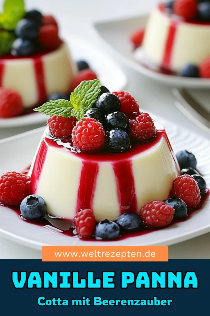Genieße dieses köstliche Vanille Panna Cotta Rezept, das einfach zuzubereiten ist und mit einer fruchtigen Panna Cotta mit Beeren verfeinert wird. Diese cremige Panna Cotta ist das perfekte Dessert mit Vanille für jeden Anlass! Mit einer schnellen Zubereitungszeit von nur 15 Minuten kannst du deine Gäste begeistern. Speichere das Rezept jetzt und lass dich von der Leichtigkeit verführen! #VanillePannaCotta #PannaCottaRezept #DessertLiebhaber #EinfacheRezepte