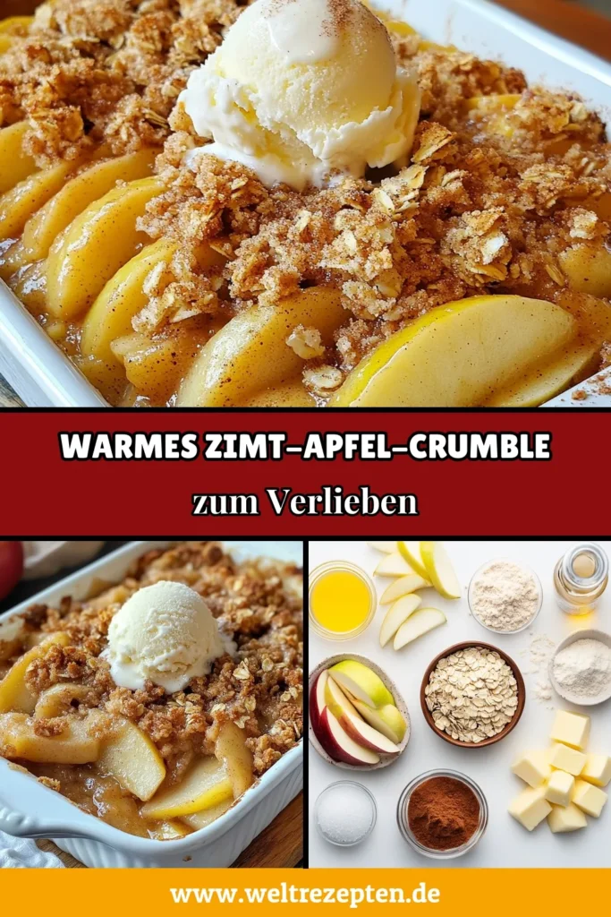 Entdecken Sie unser köstliches Zimt Apfel Crumble Rezept! Dieses einfache Apfel-Crumble Rezept vereint saftige Äpfel, aromatischen Zimt und knusprigen Haferflocken für ein veganes Apfel-Crumble, das perfekt für jeden Anlass ist. In nur 50 Minuten genießen Sie ein himmlisches Zimt Apfel Dessert, das Groß und Klein begeistert. Speichern Sie dieses Rezept für Ihr nächstes Highlight! #ZimtApfelCrumble #ApfelCrumbleEinfach #VeganeApfelCrumble #HaferflockenCrumbleRezept