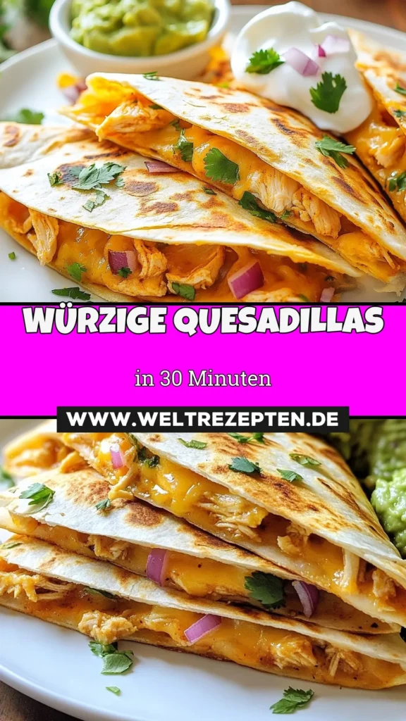 Entdecke unser Rezept für würzige Chipotle-Hühnchen-Quesadillas! Diese scharfen Hühnchen Quesadillas sind einfach zuzubereiten und perfekt für jedes mexikanische Gericht. Mische gekochtes Hähnchen mit köstlicher Chipotle-Sauce und Käse für eine leckere Mahlzeit. Perfekt für einen Snack oder ein schnelles Abendessen. Probiere jetzt dieses Quesadilla Rezept und genieße den Geschmack Mexikos! #Quesadilla #MexikanischeRezepte #WürzigeHühnchen #EinfacheZubereitung