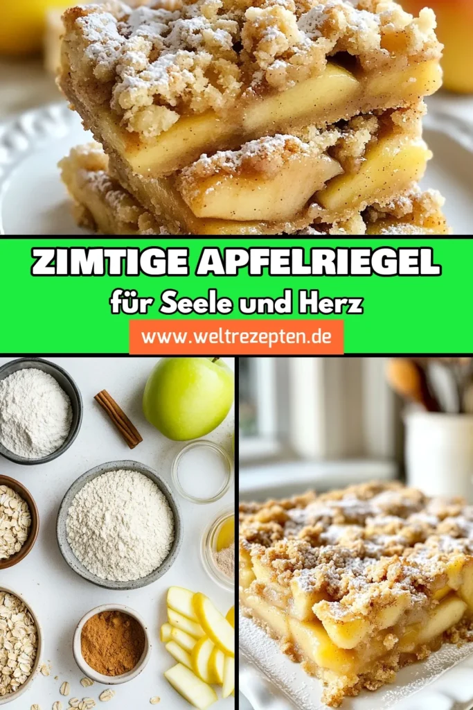Entdecke das perfekte Zimt-Apfel-Crumble-Riegel Rezept, das deinen süßen Zahn stillt! Diese gesunden Dessert-Riegel sind einfach zuzubereiten und ideal für jede Gelegenheit. In nur 50 Minuten hast du selbstgemachte Apfelriegel, die einfach köstlich sind. Lass dich von diesem Zimt-Dessert-Rezept inspirieren und verwöhne deine Familie und Freunde! Jetzt nachbacken und genießen! #ZimtApfelCrumble #ApfelCrumbleRezept #gesundeDessertRiegel #selbstgemachteApfelriegel