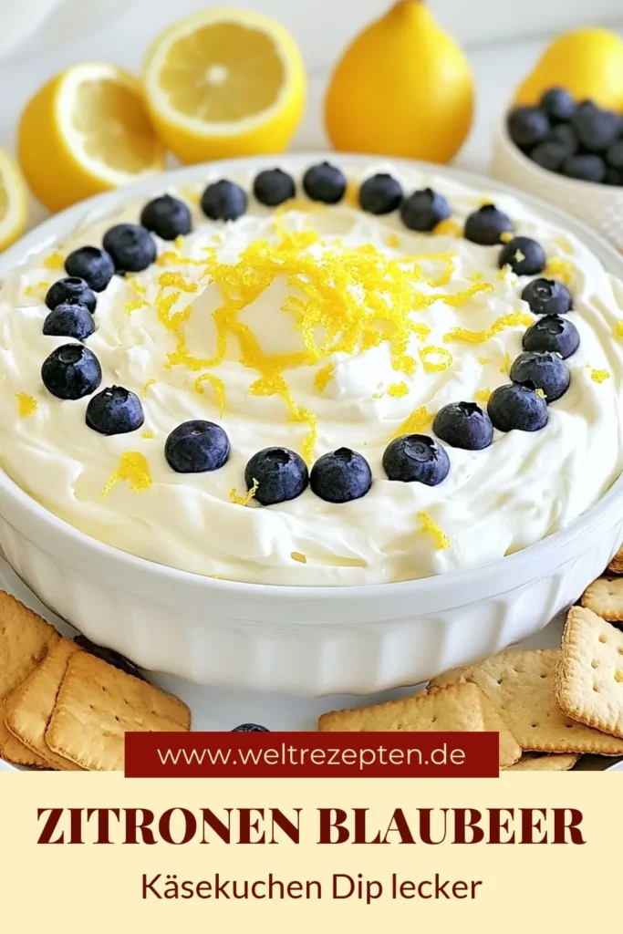 Lust auf einen erfrischenden Snack? Entdecke diesen köstlichen Zitronen-Blaubeer-Dip! Dieses einfache Käsekuchen-Dip Rezept vereint die cremige Textur von Frischkäse mit der Süße frischer Blaubeeren. Perfekt für Partys oder als leckerer Abendgenuss. Probiere unser Zitronen Dip Rezept aus und genieße den frischen Geschmack! Speichere das Rezept und überrasche deine Gäste! #KäsekuchenDip #ZitronenBlaubeerDip #FrischkäseDip #EinfachesRezept