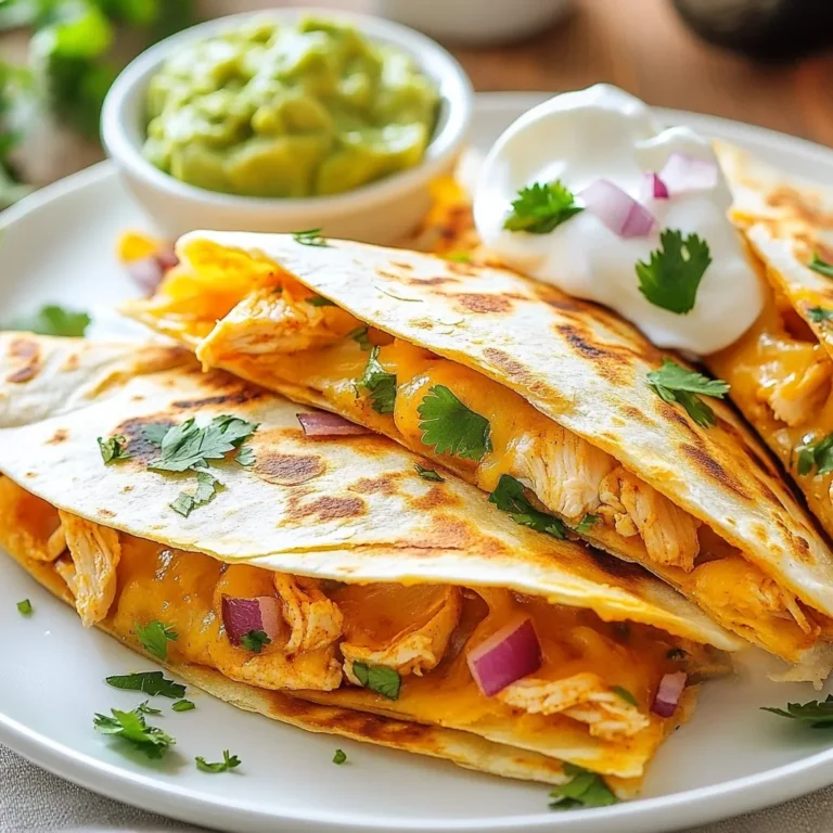 Um köstliche Spicy Chipotle-Hühnchen-Quesadillas zu machen, benötigst du die folgenden Hauptzutaten: - 2 Tassen gekochtes, zerkleinertes Hähnchen - 1 Tasse geriebener Mozzarella-Käse - 1 Tasse scharfer Cheddar-Käse, gerieben - 1/2 Tasse Chipotle-Sauce (nach Geschmack anpassen) - 1/4 Tasse rote Zwiebel, fein gehackt - 1/4 Tasse frischer Koriander, gehackt - 4 große Tortillas aus Weizenmehl - 2 Esslöffel Olivenöl - Salz und Pfeffer nach Geschmack Diese Zutaten machen deine Quesadillas besonders lecker und würzig. Das zerkleinerte Hähnchen bringt eine tolle Textur, während die Käsesorten für ein cremiges Ergebnis sorgen. Für mehr Geschmack kannst du einige zusätzliche Zutaten hinzufügen. Hier sind einige Optionen: - Paprika, gewürfelt - Jalapeños, fein gehackt - Maiskörner - Schwarze Bohnen Diese Zutaten geben deiner Füllung mehr Tiefe und Komplexität. Du kannst auch die Chipotle-Sauce nach deinem Geschmack anpassen. Zu deinen Quesadillas passen viele leckere Beilagen. Hier sind einige Vorschläge: - Saure Sahne - Guacamole - Frische Salsa - Pico de Gallo Diese Beilagen ergänzen die Quesadillas perfekt. Sie bringen frische Aromen und eine tolle Frische ins Spiel. Probier sie aus und finde deine Lieblingskombination! {{ingredient_image_2}} Zuerst nehme ich eine große Schüssel. Dort gebe ich das zerkleinerte Hähnchen. Ich füge dann die Chipotle-Sauce hinzu. Je nach Geschmack kann ich mehr oder weniger Sauce verwenden. Dann kommen die gehackte rote Zwiebel und der frische Koriander dazu. Ich mische alles gut. Am Ende schmecke ich mit Salz und Pfeffer ab, um die Aromen zu verstärken. Jetzt erhitze ich eine große Pfanne bei mittlerer Hitze. Ich gebe 1 Esslöffel Olivenöl in die Pfanne. Wenn das Öl heiß ist, lege ich eine Tortilla hinein. Dann streue ich die Hälfte des geriebenen Mozzarella und Cheddar gleichmäßig darauf. Auf eine Hälfte der Tortilla gebe ich einen Löffel der Hähnchenmischung. Ich klappe die andere Hälfte der Tortilla darüber und drücke sie leicht an. Ich brate die Quesadilla 3-4 Minuten, bis sie goldbraun ist. Dann wende ich sie vorsichtig und brate die andere Seite 3-4 Minuten weiter. Um eine schöne Bräunung zu erreichen, achte ich darauf, die Hitze nicht zu hoch einzustellen. Zu hohe Hitze kann die Quesadillas verbrennen. Ich benutze auch frisches Öl für jeden neuen Tortilla. So bleibt jede Quesadilla knusprig. Wenn ich die Quesadillas nach dem Braten kurz auskühlen lasse, bleibt der Käse schön schmelzig. Frische Zutaten sind der Schlüssel zu leckeren Quesadillas. Ich empfehle, frisches Hähnchen zu verwenden. Das zerkleinerte Hähnchen sollte gut gewürzt sein. Außerdem sind frische Kräuter wie Koriander wichtig. Sie bringen Farbe und Geschmack. Verwende auch frische Zwiebeln für einen knackigen Biss. Frischer Käse schmilzt besser und sorgt für einen tollen Geschmack. Chipotle-Sauce hat einen starken Geschmack. Du kannst die Menge nach deinem Wunsch anpassen. Wenn du es milder magst, nimm weniger Sauce. Für mehr Schärfe, füge einfach mehr hinzu. Probiere die Mischung vor dem Kochen. So kannst du den perfekten Schärfegrad finden. Das macht deine Quesadillas genau nach deinem Geschmack. Um die Quesadillas knusprig zu halten, achte auf die Hitze. Verwende mittlere Hitze beim Braten. Zu viel Hitze kann sie verbrennen. Verwende auch genug Öl in der Pfanne. Das hilft, die Tortillas goldbraun zu machen. Lass die Quesadillas nach dem Braten kurz abkühlen. Das hilft, die Füllung zu setzen und macht sie leichter zu schneiden. Pro Tipps Hähnchen gut würzen: Achte darauf, das zerkleinerte Hähnchen gut mit der Chipotle-Sauce und den Gewürzen zu vermengen, um einen intensiven Geschmack zu erzielen. Knusprige Quesadillas: Verwende ausreichend Olivenöl in der Pfanne, um eine schön knusprige Unterseite der Quesadilla zu erreichen. Variationen ausprobieren: Experimentiere mit verschiedenen Käsesorten oder füge Gemüse wie Paprika oder Spinat hinzu, um den Geschmack zu variieren. Perfekte Serviergröße: Schneide die Quesadillas in gleichmäßige Keile, um sie einfach servieren und essen zu können. {{image_4}} Für eine vegetarische Version verwende schwarze Bohnen oder Kichererbsen. Diese sind nahrhaft und lecker. Du kannst auch gegrilltes Gemüse wie Paprika, Zucchini oder Auberginen hinzufügen. So bleibt die Quesadilla spannend und voll von Geschmack. Es gibt viele Möglichkeiten, die Quesadillas zu variieren. Füge Spinat oder Pilze hinzu, um mehr Textur zu bekommen. Für eine süße Note kannst du Ananas oder Mango verwenden. Manche mögen es auch, etwas Feta-Käse für einen salzigen Kick einzustreuen. Um die Quesadillas gesünder zu machen, benutze Vollkorn-Tortillas. Diese enthalten mehr Ballaststoffe und Nährstoffe. Du kannst auch weniger Käse verwenden oder fettreduzierten Käse wählen. Verwende zusätzlich frisches Gemüse, um die Nährstoffdichte zu erhöhen. Um die Quesadillas frisch zu halten, lasse sie zuerst abkühlen. Wickel sie dann in Frischhaltefolie ein. Das schützt vor Feuchtigkeit und hält sie knusprig. Du kannst sie auch in einen luftdichten Behälter legen. Achte darauf, dass sie nicht übereinander liegen, um zerdrücken zu vermeiden. Wenn du die Quesadillas wieder aufwärmen möchtest, nutze eine Pfanne. Erhitze sie bei mittlerer Hitze für etwa 3 Minuten pro Seite. So bleiben sie knusprig. Alternativ kannst du auch einen Toaster oder eine Grillplatte verwenden. Mikrowellen sind schnell, aber sie machen die Quesadillas weich. Im Kühlschrank halten die Quesadillas etwa 3 bis 4 Tage. Sie bleiben frisch, wenn du sie richtig lagerst. Im Gefrierschrank kannst du sie bis zu 3 Monate lagern. Stelle sicher, dass sie gut verpackt sind, um Gefrierbrand zu vermeiden. Wenn du sie auftauen möchtest, lass sie über Nacht im Kühlschrank. Es dauert insgesamt etwa 30 Minuten, um Spicy Chipotle-Hühnchen-Quesadillas zuzubereiten. Die Vorbereitungszeit beträgt 15 Minuten. Dann kochen Sie die Quesadillas für 15 Minuten. Dies macht es einfach, sie schnell zu machen, auch wenn Sie wenig Zeit haben. Ja, Sie können die Tortillas im Voraus vorbereiten. Bereiten Sie die Füllung und die Tortillas getrennt vor. Wickeln Sie die Tortillas in Folie und lagern Sie sie im Kühlschrank. Wenn Sie bereit sind, sie zu kochen, nehmen Sie sie einfach heraus und füllen Sie sie. Die besten Beilagen für Quesadillas sind saure Sahne und Guacamole. Diese Dips ergänzen den Geschmack der Quesadillas perfekt. Auch frischer Koriander oder Salsa sind tolle Optionen. Sie bringen Farbe und zusätzlichen Geschmack auf den Teller. Die Spicy Chipotle-Hühnchen-Quesadillas sind einfach zuzubereiten und lecker. Wir haben die Hauptzutaten, Zubereitungsschritte und Tipps besprochen. Variationen wie vegetarische Alternativen geben dir noch mehr Optionen. Denke daran, frische Zutaten zu nutzen für den besten Geschmack. Bewahre die Quesadillas richtig auf, damit sie lange frisch bleiben. Probiere verschiedene Beilagen, um dein Gericht zu verfeinern. Vertraue deinen Geschmacksknospen und experimentiere!