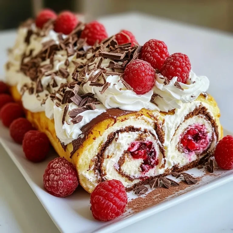 Die Hauptzutaten sind einfach zu finden und wichtig für den Geschmack. Hier ist die Liste: - 3 große Eier - 150 g Zucker - 1 Teelöffel Vanilleextrakt - 65 g Allzweckmehl - 40 g ungesüßtes Kakaopulver - 1/4 Teelöffel Backpulver - 1/4 Teelöffel Salz - 1 Esslöffel Pflanzenöl - 150 g frische Himbeeren Diese Zutaten sorgen für einen luftigen und schokoladigen Biskuit. Die frischen Himbeeren bringen eine fruchtige Note. Für die Dekoration nutzen wir ein paar Extras. Diese machen die Rolle nicht nur schön, sondern auch noch schmackhafter. Du brauchst: - 250 ml Schlagsahne - 2 Esslöffel Puderzucker - 1 Teelöffel Vanilleextrakt (für die Sahne) - Schokoladenspäne (zur Dekoration) - Extra Himbeeren (zur Dekoration) Diese Zutaten sind einfach und geben der Rolle das gewisse Extra. Manchmal hast du vielleicht nicht alle Zutaten. Keine Sorge, es gibt Alternativen: - Eier: Du kannst Apfelmus oder Chia-Samen verwenden. - Zucker: Honig oder Agavendicksaft sind gute Alternativen. - Mehl: Verwende Mandelmehl für eine glutenfreie Option. - Himbeeren: Erdbeeren oder Blaubeeren sind ebenfalls lecker. Mit diesen Alternativen bleibt das Rezept flexibel. Du kannst deine Lieblingszutaten nutzen. {{ingredient_image_2}} Zuerst heize ich meinen Ofen auf 180°C vor. Ich lege ein Backblech (38x25 cm) mit Backpapier aus. Das Papier sollte an den Rändern überstehen. So wird das Rollen später leicht. In einer großen Schüssel schlage ich 3 große Eier mit 150 g Zucker. Ich nutze einen Handmixer und schlage die Mischung etwa 5 Minuten lang. Sie muss dick und hell sein. Dann füge ich 1 Teelöffel Vanilleextrakt hinzu und rühre gut um. In einer anderen Schüssel mische ich 65 g Allzweckmehl, 40 g ungesüßtes Kakaopulver, 1/4 Teelöffel Backpulver und 1/4 Teelöffel Salz. Ich falte die trockenen Zutaten vorsichtig in die Eimischung. Ich achte darauf, nicht zu lange zu rühren. So bleibt der Teig luftig. Jetzt gebe ich 1 Esslöffel Pflanzenöl sanft in den Teig. Dann gieße ich den Teig auf das Blech. Ich streiche ihn gleichmäßig bis zu den Rändern glatt. Ich backe den Kuchen 10-12 Minuten lang. Er sollte leicht auf Fingerdruck zurückspringen. Nach dem Backen lasse ich den Kuchen ein paar Minuten abkühlen. Ich stürze ihn dann auf ein sauberes Küchentuch, das ich mit Puderzucker bestreue. Das Backpapier ziehe ich vorsichtig ab. Ich rolle den warmen Kuchen von der kurzen Seite mit dem Küchentuch auf. So bleibt er in Form. Ich lasse ihn vollständig im aufgerollten Zustand abkühlen. Das ist wichtig, damit die Rolle nicht reißt. Während der Kuchen abkühlt, schlage ich 250 ml Schlagsahne mit 2 Esslöffeln Puderzucker und 1 Teelöffel Vanilleextrakt auf. Ich schlage, bis steife Spitzen entstehen. Sobald der Kuchen abgekühlt ist, rolle ich ihn vorsichtig wieder auf. Ich verteile eine Schicht der geschlagenen Sahne gleichmäßig über den Kuchen. Dann streue ich 150 g frische Himbeeren darauf. Nun rolle ich den Kuchen ohne das Tuch wieder auf. Ich wickele ihn in Frischhaltefolie und stelle ihn für mindestens 30 Minuten in den Kühlschrank. So wird die Rolle fest. Vor dem Servieren bestäube ich die Oberseite mit Kakaopulver. Ich garniere sie mit Schokoladenspänen und weiteren Himbeeren. Voilà! Um einen luftigen Teig zu machen, sind frische Eier wichtig. Schlage die Eier und den Zucker gut auf. Nutze einen Handmixer auf hoher Stufe. Das dauert etwa fünf Minuten. Die Mischung sollte dick und hell werden. Füge dann den Vanilleextrakt hinzu. Mische die trockenen Zutaten in einer separaten Schüssel. Füge sie vorsichtig zu der Eiermischung hinzu. Achte darauf, nicht zu lange zu rühren. So bleibt der Teig luftig und leicht. Rolle den Kuchen, solange er warm ist. Das macht das Rollen einfacher und verhindert Risse. Benutze ein sauberes Küchentuch, das mit Puderzucker bestäubt ist. Das verhindert, dass der Kuchen kleben bleibt. Rolle den Kuchen von der kurzen Seite auf. Lass ihn dann im Tuch vollständig abkühlen. Dieser Schritt hilft, die Form zu behalten. Für die Sahne ist es wichtig, sie steif zu schlagen. Nutze frische Sahne, Puderzucker und Vanilleextrakt. Mische sie gut, bis steife Spitzen entstehen. Verteile die Sahne gleichmäßig auf dem Kuchen. Streue die Himbeeren darauf. Dekoriere den Kuchen nach dem Kühlen mit Kakaopulver und Schokoladenspänen. Füge einige Himbeeren hinzu, um es ansprechend zu machen. So wird deine Biskuitrolle nicht nur lecker, sondern auch schön! Pro Tipps Richtige Temperatur: Stellen Sie sicher, dass Ihr Ofen gut vorgeheizt ist, um eine gleichmäßige Backung des Kuchens zu gewährleisten. Sanftes Falten: Wenn Sie die trockenen Zutaten unter die Eimischung heben, seien Sie vorsichtig, um die Luftigkeit des Teigs nicht zu verlieren. Frische Himbeeren: Verwenden Sie frischere Himbeeren für den besten Geschmack und die beste Textur. Tiefgefrorene Himbeeren können zu viel Flüssigkeit abgeben. Kuchen kühlen: Stellen Sie sicher, dass der Kuchen vollständig abgekühlt ist, bevor Sie ihn aufrollen, um Risse zu vermeiden. {{image_4}} Möchten Sie die Füllung ändern? Sie können viele andere Früchte verwenden. Erdbeeren sind eine tolle Wahl. Ihre Süße passt gut zur Schokolade. Auch Blaubeeren oder Pfirsiche schmecken lecker. Sie geben der Rolle eine frische Note. Experimentieren Sie mit verschiedenen Früchten und finden Sie Ihre Lieblingskombination. Für die Schokoladenfüllung können Sie verschiedene Schokoladensorten nutzen. Zartbitter oder weiße Schokolade bietet neue Geschmäcker. Auch Nutella kann eine süße Füllung sein. Bei der Sahne können Sie auch Quark verwenden. Quark macht die Rolle leichter und frischer. Seien Sie kreativ und probieren Sie neue Kombinationen. Für glutenfreie Varianten verwenden Sie glutenfreies Mehl. Dieses funktioniert gut im Biskuitteig. Für vegane Optionen ersetzen Sie die Eier durch Apfelmus oder Leinsamen. Auch pflanzliche Sahne ist eine gute Wahl. Diese Alternativen machen die Rolle für alle zugänglich. So kann jeder das Rezept genießen. Die Himbeer-Schokoladen-Biskuitrolle bleibt frisch, wenn Sie sie im Kühlschrank lagern. Wickeln Sie die Rolle fest in Frischhaltefolie. So bleibt die Luft draußen und der Kuchen bleibt saftig. Lagern Sie die Rolle bis zu drei Tage im Kühlschrank. Vor dem Servieren können Sie die Rolle leicht auf Zimmertemperatur bringen. Wenn Sie die Biskuitrolle länger aufbewahren möchten, können Sie sie auch einfrieren. Wickeln Sie die Rolle zuerst in Frischhaltefolie und dann in Alufolie. So schützen Sie sie vor Frostbrand. Im Gefrierschrank hält sich die Rolle bis zu drei Monate. Lassen Sie die Rolle vor dem Servieren im Kühlschrank auftauen. Dies dauert einige Stunden. Die Himbeer-Schokoladen-Biskuitrolle wird am besten kalt serviert. Wenn Sie sie aufwärmen möchten, tun Sie dies vorsichtig. Erwärmen Sie sie in der Mikrowelle für einige Sekunden. Achten Sie darauf, dass die Sahne nicht schmilzt. Garnieren Sie die Rolle vor dem Servieren mit Schokoladenspänen und frischen Himbeeren. So sieht sie noch leckerer aus! Um die Himbeer-Schokoladen-Biskuitrolle ohne Eier zu machen, können Sie Apfelmus oder Chia-Samen verwenden. - Apfelmus: Verwenden Sie 60 g Apfelmus pro Ei. Es macht den Teig feucht. - Chia-Samen: Mischen Sie 1 Esslöffel Chia-Samen mit 3 Esslöffeln Wasser. Lassen Sie es 5 Minuten ruhen. Diese Alternativen helfen, die Struktur der Biskuitrolle zu bewahren. Die Himbeer-Schokoladen-Biskuitrolle lässt sich gut mit verschiedenen Beilagen kombinieren. Hier sind einige Vorschläge: - Frische Früchte: Himbeeren, Erdbeeren oder Blaubeeren passen perfekt. - Eiscreme: Eine Kugel Vanille- oder Schokoladeneis ergänzt den Geschmack. - Schokoladensauce: Ein Schuss Schokoladensauce macht das Dessert noch köstlicher. - Pudding: Vanillepudding harmoniert gut mit der Rolle. Diese Beilagen steigern den Genuss und die Präsentation. Die Himbeer-Schokoladen-Biskuitrolle hält sich gut im Kühlschrank. - Lagerzeit: Sie bleibt frisch für etwa 3 bis 4 Tage. - Verpackung: Wickeln Sie die Rolle in Frischhaltefolie, um Feuchtigkeit zu bewahren. Vermeiden Sie es, sie zu lange stehen zu lassen, da die Füllung weich werden kann. Genießen Sie die Rolle frisch! In diesem Artikel haben wir die Himbeer-Schokoladen-Biskuitrolle detailliert betrachtet. Wir haben die Zutaten, die Schritt-für-Schritt-Anleitung und nützliche Tipps behandelt. Variationen zeigen, wie du kreativ sein kannst. Denke auch an die besten Lagerungshinweise. Experimentiere ruhig, um deine perfekte Biskuitrolle zu erstellen. Ich hoffe, diese Anleitung hilft dir, ein köstliches Dessert zu zaubern. Viel Spaß beim Backen und Genießen!