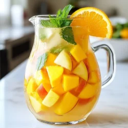 Für den perfekten Pfirsich-Mango Sangria Mocktail brauchst du einige frische Zutaten. Diese bilden die Grundlage für den fruchtigen Genuss. Hier sind die Hauptzutaten: - 2 reife Pfirsiche, in Scheiben geschnitten - 1 reife Mango, gewürfelt - 1 Orange, ausgepresst (Schale für die Garnitur aufbewahren) - 1 Zitrone, ausgepresst - 2 Tassen Traubensaft (rot oder weiß) Diese Früchte bringen viel Geschmack und eine schöne Farbe in deinen Mocktail. Die Kombination aus Pfirsichen und Mangos sorgt für eine süße und saftige Basis. Orange und Zitrone fügen eine erfrischende Säure hinzu. Um deinen Mocktail noch besser zu machen, füge einige zusätzliche Zutaten hinzu: - 4 Tassen sprudelndes Wasser oder Zitronen-Limetten-Limonade - 1 Esslöffel Agavendicksaft oder Honig (optional, je nach Süße) - Frische Minzblätter zur Garnitur Das sprudelnde Wasser oder die Limonade geben deinem Mocktail einen spritzigen Effekt. Der Agavendicksaft oder Honig kann helfen, die Süße anzupassen. Minzblätter bringen einen frischen Duft und eine schöne Farbe. Die Wahl der richtigen Früchte ist wichtig. Hier sind einige Tipps: - Suche nach reifen Pfirsichen und Mangos. Sie sollten weich und duftend sein. - Wähle saftige Orangen und Zitronen. Sie sollten fest und schwer in der Hand liegen. - Frische Minze sollte grün und knackig aussehen. Vermeide braune Blätter. Frische und reife Früchte machen den Unterschied. Sie bringen den besten Geschmack in deinen Mocktail. Mit diesen Tipps bereitest du ein köstliches Getränk zu, das alle begeistern wird. {{ingredient_image_2}} Zuerst wähle die besten Früchte. Du brauchst zwei reife Pfirsiche und eine Mango. Schneide die Pfirsiche in dünne Scheiben. Würfle die Mango in kleine Stücke. Diese frischen Früchte geben dem Mocktail Farbe und Geschmack. Nun kommt der spannende Teil. Nimm einen großen Krug und vermenge die geschnittenen Pfirsiche und die gewürfelte Mango. Presse eine Orange und eine Zitrone aus. Gib den frisch gepressten Saft in den Krug. Füge dann zwei Tassen Traubensaft hinzu. Das ist der Grundgeschmack deines Mocktails. Wenn du es süßer magst, kannst du einen Esslöffel Agavendicksaft oder Honig hinzufügen. Rühre alles vorsichtig um, damit die Aromen gut vermischt sind. Lass die Mischung für mindestens 30 Minuten im Kühlschrank. So können die Aromen gut einziehen. Kurz vor dem Servieren, füge vier Tassen sprudelndes Wasser oder Zitronen-Limetten-Limonade hinzu. Rühre sanft um. Gieße den Mocktail über Eis in Gläser. Achte darauf, dass jedes Glas frisches Obst enthält. Garniere mit frischen Minzblättern und einer Scheibe Orangenschale. Jetzt ist dein Pfirsich-Mango Sangria Mocktail bereit für den Genuss! Um deinen Pfirsich-Mango Sangria Mocktail perfekt zu machen, nutze reife Früchte. Reife Pfirsiche und Mangos bringen den besten Geschmack. Schneide sie in gleichmäßige Stücke. So sehen sie schön aus und schmecken besser. Lass die Mischung mindestens 30 Minuten kühlen. So verbinden sich die Aromen gut. Wenn du es süßer magst, füge etwas Agavendicksaft oder Honig hinzu. Probiere es aus, bis du die perfekte Süße gefunden hast. Serviere den Mocktail in klaren Gläsern. So kannst du die bunten Früchte sehen. Fülle die Gläser mit Eis, bevor du den Mocktail eingießt. Das hält ihn kalt und erfrischend. Garniere jedes Glas mit frischen Minzblättern und einer Scheibe Orangenschale. Das gibt deinem Getränk eine schöne Note und sieht toll aus. Du kannst auch ein paar Früchte direkt ins Glas geben. Das macht ihn noch fruchtiger. Ein häufiger Fehler ist, die Früchte nicht richtig vorzubereiten. Achte darauf, sie gut zu waschen und in Stücke zu schneiden. Ein anderer Fehler ist, den Mocktail nicht genug zu kühlen. Lass ihn wirklich mindestens 30 Minuten im Kühlschrank. Wenn du ihn sofort servierst, schmeckt er weniger gut. Vermeide es auch, zu viel Sprudelwasser oder Limonade hinzuzufügen. Das kann den Geschmack der Früchte überdecken. Mische alles sanft, um die Aromen zu bewahren. Pro Tipps Frische Früchte: Verwende die reifsten Früchte, um den besten Geschmack und die süßeste Note in deinem Mocktail zu erzielen. Vorbereitungszeit: Bereite die Sangria-Mischung einige Stunden im Voraus vor, damit die Aromen vollständig durchziehen können. Sprudelnde Note: Füge das sprudelnde Wasser oder die Limonade erst kurz vor dem Servieren hinzu, damit die Kohlensäure erhalten bleibt. Garnitur variieren: Experimentiere mit verschiedenen Kräutern wie Basilikum oder Rosmarin für einen einzigartigen Geschmacksakzent. {{image_4}} Traubensaft ist eine tolle Basis für diesen Mocktail. Wenn du jedoch etwas anderes probieren möchtest, gibt es viele Alternativen. Du kannst Apfelsaft verwenden, um eine süßere Note zu erhalten. Auch Granatapfelsaft bringt eine schöne Farbe und einen fruchtigen Geschmack. Für einen herberen Geschmack probiere Cranberrysaft. Diese Alternativen verleihen deinem Mocktail eine neue Dimension und machen ihn interessant. Früchte machen Sangria lebendig! Füge mehr Fruchtstücke hinzu, um den Geschmack zu erweitern. Kiwi, Ananas oder Himbeeren sind gute Optionen. Sie passen gut zur Mango und den Pfirsichen. Du kannst auch gefrorene Früchte verwenden. Diese halten den Mocktail kühl und sehen toll aus. Experimentiere mit Kräutern wie Basilikum oder Rosmarin für ein aufregendes Aroma. Diese kleinen Änderungen können dein Getränk aufpeppen! Wenn du eine Feier planst, gibt es viele Möglichkeiten, deinen Mocktail festlich zu gestalten. Du kannst den Mocktail in großen Gläsern servieren und mit essbaren Blüten dekorieren. Das sieht sehr elegant aus! Eine andere Idee ist, die Mischung in einen großen Krug zu gießen und mit einer Zitrone und Limette zur Garnitur zu versehen. So wird dein Mocktail zum Hingucker. Diese festlichen Anpassungen machen jeden Anlass zu etwas Besonderem! Wenn du nach einer Party noch Mocktail übrig hast, bewahre ihn in einem luftdichten Behälter im Kühlschrank auf. So bleibt er frisch. Verwende am besten ein Glas oder eine Flasche. Achte darauf, dass die Mischung gut verschlossen ist, um den Geschmack zu erhalten. Die Hauptzutaten wie Pfirsiche und Mango sind frisch am besten. Im Kühlschrank halten sie sich etwa 2 bis 3 Tage. Traubensaft und Zitrussäfte kannst du bis zu einer Woche lagern. Wenn du Agavendicksaft oder Honig verwendest, bleibt das ebenfalls lange haltbar. Falls du mehr Mocktail machen willst, kannst du frische Früchte hinzufügen. Das bringt neuen Schwung. Du kannst auch etwas mehr sprudelndes Wasser oder Limonade dazugeben. So wird der Mocktail wieder spritzig und frisch. Experimentiere mit zusätzlichen Minzblättern für mehr Geschmack. Ein Mocktail ist ein alkoholfreies Getränk, das wie ein Cocktail aussieht und schmeckt. Er ist beliebt, weil er alle den Spaß von Cocktails bietet, ohne Alkohol. Viele Menschen genießen Mocktails, wenn sie fahren müssen oder einfach keinen Alkohol möchten. Sie sind auch ideal für Kinder und Schwangere. Mit frischen Früchten und tollen Aromen machen sie jede Feier besonders. Ja, du kannst Alkohol hinzufügen, wenn du möchtest. Ein Spritzer Weißwein oder Sekt passt gut zu diesem Mocktail. Achte darauf, die Menge an Saft und Sprudelwasser etwas zu reduzieren, um das Gleichgewicht zu halten. So bleibt der Geschmack frisch und fruchtig. Experimentiere mit verschiedenen Spirituosen, um deinen perfekten Mix zu finden. Du kannst den Mocktail bis zu zwei Stunden im Voraus zubereiten. Stelle sicher, dass du die sprudelnden Zutaten erst kurz vor dem Servieren hinzufügst. So bleibt dein Mocktail schön sprudelnd und frisch. Wenn du ihn länger lagerst, kann der Geschmack verblassen. Du willst ja, dass jeder Schluck lecker bleibt! Um einen leckeren Pfirsich-Mango Sangria Mocktail zuzubereiten, sind die richtigen Zutaten wichtig. Wähle frische Früchte und tolle Säfte für den besten Geschmack. Die Schritt-für-Schritt-Anleitung zeigt dir, wie einfach es geht. Achte auf die Tipps, um deinen Mocktail zu verbessern. Variiere die Zutaten für neue Geschmackserlebnisse und sei kreativ. Denke daran, Reste gut zu lagern. So schmeckt dein Mocktail auch beim nächsten Mal frisch. Mit diesen Tipps bist du bereit, alle zu beeindrucken. Viel Spaß beim Ausprobieren!