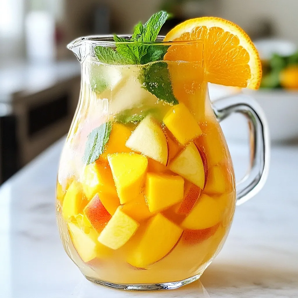 Für den perfekten Pfirsich-Mango Sangria Mocktail brauchst du einige frische Zutaten. Diese bilden die Grundlage für den fruchtigen Genuss. Hier sind die Hauptzutaten: - 2 reife Pfirsiche, in Scheiben geschnitten - 1 reife Mango, gewürfelt - 1 Orange, ausgepresst (Schale für die Garnitur aufbewahren) - 1 Zitrone, ausgepresst - 2 Tassen Traubensaft (rot oder weiß) Diese Früchte bringen viel Geschmack und eine schöne Farbe in deinen Mocktail. Die Kombination aus Pfirsichen und Mangos sorgt für eine süße und saftige Basis. Orange und Zitrone fügen eine erfrischende Säure hinzu. Um deinen Mocktail noch besser zu machen, füge einige zusätzliche Zutaten hinzu: - 4 Tassen sprudelndes Wasser oder Zitronen-Limetten-Limonade - 1 Esslöffel Agavendicksaft oder Honig (optional, je nach Süße) - Frische Minzblätter zur Garnitur Das sprudelnde Wasser oder die Limonade geben deinem Mocktail einen spritzigen Effekt. Der Agavendicksaft oder Honig kann helfen, die Süße anzupassen. Minzblätter bringen einen frischen Duft und eine schöne Farbe. Die Wahl der richtigen Früchte ist wichtig. Hier sind einige Tipps: - Suche nach reifen Pfirsichen und Mangos. Sie sollten weich und duftend sein. - Wähle saftige Orangen und Zitronen. Sie sollten fest und schwer in der Hand liegen. - Frische Minze sollte grün und knackig aussehen. Vermeide braune Blätter. Frische und reife Früchte machen den Unterschied. Sie bringen den besten Geschmack in deinen Mocktail. Mit diesen Tipps bereitest du ein köstliches Getränk zu, das alle begeistern wird. {{ingredient_image_2}} Zuerst wähle die besten Früchte. Du brauchst zwei reife Pfirsiche und eine Mango. Schneide die Pfirsiche in dünne Scheiben. Würfle die Mango in kleine Stücke. Diese frischen Früchte geben dem Mocktail Farbe und Geschmack. Nun kommt der spannende Teil. Nimm einen großen Krug und vermenge die geschnittenen Pfirsiche und die gewürfelte Mango. Presse eine Orange und eine Zitrone aus. Gib den frisch gepressten Saft in den Krug. Füge dann zwei Tassen Traubensaft hinzu. Das ist der Grundgeschmack deines Mocktails. Wenn du es süßer magst, kannst du einen Esslöffel Agavendicksaft oder Honig hinzufügen. Rühre alles vorsichtig um, damit die Aromen gut vermischt sind. Lass die Mischung für mindestens 30 Minuten im Kühlschrank. So können die Aromen gut einziehen. Kurz vor dem Servieren, füge vier Tassen sprudelndes Wasser oder Zitronen-Limetten-Limonade hinzu. Rühre sanft um. Gieße den Mocktail über Eis in Gläser. Achte darauf, dass jedes Glas frisches Obst enthält. Garniere mit frischen Minzblättern und einer Scheibe Orangenschale. Jetzt ist dein Pfirsich-Mango Sangria Mocktail bereit für den Genuss! Um deinen Pfirsich-Mango Sangria Mocktail perfekt zu machen, nutze reife Früchte. Reife Pfirsiche und Mangos bringen den besten Geschmack. Schneide sie in gleichmäßige Stücke. So sehen sie schön aus und schmecken besser. Lass die Mischung mindestens 30 Minuten kühlen. So verbinden sich die Aromen gut. Wenn du es süßer magst, füge etwas Agavendicksaft oder Honig hinzu. Probiere es aus, bis du die perfekte Süße gefunden hast. Serviere den Mocktail in klaren Gläsern. So kannst du die bunten Früchte sehen. Fülle die Gläser mit Eis, bevor du den Mocktail eingießt. Das hält ihn kalt und erfrischend. Garniere jedes Glas mit frischen Minzblättern und einer Scheibe Orangenschale. Das gibt deinem Getränk eine schöne Note und sieht toll aus. Du kannst auch ein paar Früchte direkt ins Glas geben. Das macht ihn noch fruchtiger. Ein häufiger Fehler ist, die Früchte nicht richtig vorzubereiten. Achte darauf, sie gut zu waschen und in Stücke zu schneiden. Ein anderer Fehler ist, den Mocktail nicht genug zu kühlen. Lass ihn wirklich mindestens 30 Minuten im Kühlschrank. Wenn du ihn sofort servierst, schmeckt er weniger gut. Vermeide es auch, zu viel Sprudelwasser oder Limonade hinzuzufügen. Das kann den Geschmack der Früchte überdecken. Mische alles sanft, um die Aromen zu bewahren. Pro Tipps Frische Früchte: Verwende die reifsten Früchte, um den besten Geschmack und die süßeste Note in deinem Mocktail zu erzielen. Vorbereitungszeit: Bereite die Sangria-Mischung einige Stunden im Voraus vor, damit die Aromen vollständig durchziehen können. Sprudelnde Note: Füge das sprudelnde Wasser oder die Limonade erst kurz vor dem Servieren hinzu, damit die Kohlensäure erhalten bleibt. Garnitur variieren: Experimentiere mit verschiedenen Kräutern wie Basilikum oder Rosmarin für einen einzigartigen Geschmacksakzent. {{image_4}} Traubensaft ist eine tolle Basis für diesen Mocktail. Wenn du jedoch etwas anderes probieren möchtest, gibt es viele Alternativen. Du kannst Apfelsaft verwenden, um eine süßere Note zu erhalten. Auch Granatapfelsaft bringt eine schöne Farbe und einen fruchtigen Geschmack. Für einen herberen Geschmack probiere Cranberrysaft. Diese Alternativen verleihen deinem Mocktail eine neue Dimension und machen ihn interessant. Früchte machen Sangria lebendig! Füge mehr Fruchtstücke hinzu, um den Geschmack zu erweitern. Kiwi, Ananas oder Himbeeren sind gute Optionen. Sie passen gut zur Mango und den Pfirsichen. Du kannst auch gefrorene Früchte verwenden. Diese halten den Mocktail kühl und sehen toll aus. Experimentiere mit Kräutern wie Basilikum oder Rosmarin für ein aufregendes Aroma. Diese kleinen Änderungen können dein Getränk aufpeppen! Wenn du eine Feier planst, gibt es viele Möglichkeiten, deinen Mocktail festlich zu gestalten. Du kannst den Mocktail in großen Gläsern servieren und mit essbaren Blüten dekorieren. Das sieht sehr elegant aus! Eine andere Idee ist, die Mischung in einen großen Krug zu gießen und mit einer Zitrone und Limette zur Garnitur zu versehen. So wird dein Mocktail zum Hingucker. Diese festlichen Anpassungen machen jeden Anlass zu etwas Besonderem! Wenn du nach einer Party noch Mocktail übrig hast, bewahre ihn in einem luftdichten Behälter im Kühlschrank auf. So bleibt er frisch. Verwende am besten ein Glas oder eine Flasche. Achte darauf, dass die Mischung gut verschlossen ist, um den Geschmack zu erhalten. Die Hauptzutaten wie Pfirsiche und Mango sind frisch am besten. Im Kühlschrank halten sie sich etwa 2 bis 3 Tage. Traubensaft und Zitrussäfte kannst du bis zu einer Woche lagern. Wenn du Agavendicksaft oder Honig verwendest, bleibt das ebenfalls lange haltbar. Falls du mehr Mocktail machen willst, kannst du frische Früchte hinzufügen. Das bringt neuen Schwung. Du kannst auch etwas mehr sprudelndes Wasser oder Limonade dazugeben. So wird der Mocktail wieder spritzig und frisch. Experimentiere mit zusätzlichen Minzblättern für mehr Geschmack. Ein Mocktail ist ein alkoholfreies Getränk, das wie ein Cocktail aussieht und schmeckt. Er ist beliebt, weil er alle den Spaß von Cocktails bietet, ohne Alkohol. Viele Menschen genießen Mocktails, wenn sie fahren müssen oder einfach keinen Alkohol möchten. Sie sind auch ideal für Kinder und Schwangere. Mit frischen Früchten und tollen Aromen machen sie jede Feier besonders. Ja, du kannst Alkohol hinzufügen, wenn du möchtest. Ein Spritzer Weißwein oder Sekt passt gut zu diesem Mocktail. Achte darauf, die Menge an Saft und Sprudelwasser etwas zu reduzieren, um das Gleichgewicht zu halten. So bleibt der Geschmack frisch und fruchtig. Experimentiere mit verschiedenen Spirituosen, um deinen perfekten Mix zu finden. Du kannst den Mocktail bis zu zwei Stunden im Voraus zubereiten. Stelle sicher, dass du die sprudelnden Zutaten erst kurz vor dem Servieren hinzufügst. So bleibt dein Mocktail schön sprudelnd und frisch. Wenn du ihn länger lagerst, kann der Geschmack verblassen. Du willst ja, dass jeder Schluck lecker bleibt! Um einen leckeren Pfirsich-Mango Sangria Mocktail zuzubereiten, sind die richtigen Zutaten wichtig. Wähle frische Früchte und tolle Säfte für den besten Geschmack. Die Schritt-für-Schritt-Anleitung zeigt dir, wie einfach es geht. Achte auf die Tipps, um deinen Mocktail zu verbessern. Variiere die Zutaten für neue Geschmackserlebnisse und sei kreativ. Denke daran, Reste gut zu lagern. So schmeckt dein Mocktail auch beim nächsten Mal frisch. Mit diesen Tipps bist du bereit, alle zu beeindrucken. Viel Spaß beim Ausprobieren!
