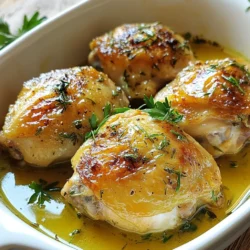 - 4 Hähncheschenkel mit Knochen und Haut - 4 Knoblauchzehen, fein gehackt - 2 Esslöffel frischer Rosmarin, gehackt - 2 Esslöffel frischer Thymian, gehackt - 1 Teelöffel getrockneter Oregano - 1 Zitrone, abgerieben und ausgepresst - 3 Esslöffel Olivenöl - Salz und frisch gemahlener schwarzer Pfeffer, nach Geschmack - 1 Tasse Hühnerbrühe - Frische Petersilie, gehackt (zum Garnieren) - Knoblauch und Oregano - Salz und Pfeffer - Hühnerbrühe Die Hauptzutaten sind der Schlüssel für diesen schmackhaften, saftigen Brathähnchen. Hähnchenschenkel mit Knochen und Haut sind perfekt. Die Haut wird knusprig und das Fleisch bleibt saftig. Frische Kräuter bringen Leben in das Gericht. Knoblauch gibt einen starken, herzhaften Geschmack. Zitrone und Olivenöl sorgen für Frische. Das Olivenöl hilft, die Gewürze gut zu verteilen. Es gibt nichts Schöneres, als den Duft von frischen Kräutern in der Küche. Mit Salz und Pfeffer schmecken Sie die Aromen ab. Hühnerbrühe fügt Tiefe und Geschmack hinzu. Indem Sie diese Zutaten verwenden, kreieren Sie ein Gericht, das alle begeistern wird. Genießen Sie die Mischung aus Aromen und Texturen. Diese Zutaten machen jeden Biss zu einem Erlebnis! {{ingredient_image_2}} Heizen Sie Ihren Ofen auf 220°C vor. Stellen Sie ein Gitter in die Mitte des Ofens. So wird das Hähnchen gleichmäßig gar. In einer kleinen Schüssel vermengen Sie den fein gehackten Knoblauch, Rosmarin, Thymian, Oregano, Zitronenabrieb, Zitronensaft und Olivenöl. Diese Mischung wird Ihre Kräuterpaste. Sie sorgt für den tollen Geschmack. Nehmen Sie die Hähnchenschenkel und tupfen Sie sie mit Küchenpapier trocken. Würzen Sie beide Seiten mit Salz und Pfeffer. Achten Sie darauf, dass Sie genug verwenden, um den Geschmack zu verstärken. Jetzt kommt die Kräutermischung ins Spiel. Reiben Sie die Paste gründlich über die Hähnchenschenkel. Vergessen Sie nicht, auch unter die Haut zu reiben. So entfalten sich die Aromen besser. Erhitzen Sie einen Spritzer Olivenöl in einer großen, ofenfesten Pfanne bei mittlerer bis hoher Hitze. Legen Sie die Hähnchenschenkel mit der Hautseite nach unten in die Pfanne. Braten Sie sie etwa 5-7 Minuten lang an, bis die Haut goldbraun und knusprig ist. Wenden Sie die Schenkel vorsichtig um. Gießen Sie die Hühnerbrühe in die Pfanne und bringen Sie sie zum Köcheln. Jetzt können Sie die Pfanne in den vorgeheizten Ofen übertragen. Rösten Sie die Hähnchenschenkel 25-30 Minuten lang, bis die Innentemperatur 74°C erreicht. Lassen Sie das Hähnchen nach dem Garen 5 Minuten ruhen. So bleibt es saftig, wenn Sie es servieren. Um knusprige Hähnchenschenkel zu bekommen, müssen Sie die richtige Temperatur wählen. Heizen Sie den Ofen auf 220°C vor. Diese hohe Hitze macht die Haut schön knusprig. Die Garzeit beträgt 25-30 Minuten. Achten Sie darauf, dass die Innentemperatur 74°C erreicht. Wenn Sie die Hähnchenschenkel herausnehmen, lassen Sie sie 5 Minuten ruhen. Diese Ruhezeit macht das Fleisch saftiger und zarter. Um den Geschmack Ihrer Hähnchenschenkel zu verändern, können Sie andere Kräuter verwenden. Probieren Sie Basilikum, Estragon oder sogar Dill. Marinieren Sie das Hähnchen über Nacht. Dies gibt den Kräutern mehr Zeit, in das Fleisch einzuziehen. Eine gute Marinade macht das Hähnchen noch schmackhafter und aromatischer. Pro Tipps Hähnchen Zimmertemperatur: Lassen Sie die Hähnchenschenkel vor dem Kochen etwa 30 Minuten bei Zimmertemperatur ruhen, damit sie gleichmäßiger garen. Knusprige Haut: Stellen Sie sicher, dass die Haut der Hähnchenschenkel gut trocken ist, bevor Sie sie anbraten, um eine besonders knusprige Textur zu erzielen. Braten im Ofen: Verwenden Sie eine ofenfeste Pfanne, um die Aromen der Bratensäfte und der Kräuter zu intensivieren, wenn Sie das Hähnchen im Ofen fertig garen. Ruhen lassen: Lassen Sie das Hähnchen nach dem Garen 5 Minuten ruhen, damit sich die Säfte im Fleisch setzen und es saftig bleibt. {{image_4}} Um die Aromen zu variieren, können Sie verschiedene Kräuter verwenden. Eine mediterrane Variante bringt frischen Thymian und Basilikum ins Spiel. Diese Kräuter verleihen dem Hähnchen einen warmen, einladenden Geschmack. Sie passen perfekt zu einem leichten Sommergericht. Eine asiatische Note bekommt das Gericht, wenn Sie Ingwer und Sojasauce hinzufügen. Der Ingwer gibt einen scharfen, frischen Geschmack. Die Sojasauce bringt Tiefe und Umami. Diese Kombination ist ideal für ein neues Geschmackserlebnis. Für ein rundes Gericht empfehle ich, Gemüse oder Reis als Beilagen zu servieren. Geröstetes Gemüse wie Karotten oder Zucchini ergänzt die Aromen gut. Sie können auch einen duftenden Reis zubereiten, um die Sauce aufzusaugen. Ein frischer Salat ist eine gute Wahl für eine ausgewogene Mahlzeit. Ein einfacher grüner Salat mit einem Zitronen-Dressing bringt Frische. Auch ein Tomatensalat mit Basilikum passt gut zu den Hähnchenschenkeln. Hähnchenreste sind toll für neue Gerichte. Du kannst sie in Salaten, Sandwiches oder Suppen nutzen. Hier sind einige Tipps: - Salat: Schneide die Reste klein und mische sie mit frischem Gemüse. - Sandwiches: Lege die Hähnchenstücke auf Brot mit etwas Mayo und Gemüse. - Suppe: Füge die Reste in eine Brühe mit Gemüse und Nudeln hinzu. Ein einfaches Rezept für eine schnelle Hühnersuppe: 1. Koche 4 Tassen Hühnerbrühe in einem Topf. 2. Füge 2 Tassen geschnittenes Gemüse hinzu. 3. Gib die Hähnchenreste dazu und koche alles 10 Minuten. Für die Lagerung ist es wichtig, die Reste richtig zu behandeln. Halte sie frisch und sicher: - Kühlschrank: Lege die Hähnchenreste in einen luftdichten Behälter. Sie halten sich 3-4 Tage. - Einfrieren: Wenn du länger aufbewahren willst, friere sie ein. Verwende einen gefrierfesten Beutel. So bleiben sie bis zu 3 Monate gut. Die Kräutermischung kannst du auch aufbewahren. Lagere sie in einem kleinen Glas im Kühlschrank. So bleiben die Aromen frisch für nächste Gerichte. Hähnchenschenkel brauchen etwa 25-30 Minuten im Ofen. Die Garzeit hängt von der Dicke ab. Überprüfen Sie die Innentemperatur. Sie sollte 74°C (165°F) erreichen. Bei dicken Schenkeln kann es etwas länger dauern. Achten Sie darauf, dass die Haut schön knusprig wird. Ja, Sie können die Kräuterpaste im Voraus machen. Bewahren Sie sie in einem luftdichten Behälter auf. So bleibt der Geschmack frisch. Sie kann bis zu drei Tage im Kühlschrank halten. Für längere Lagerung können Sie die Paste einfrieren. Teilen Sie sie in Portionen auf, um sie leicht zu nutzen. Die ideale Kerntemperatur für Hähnchen beträgt 74°C (165°F). Diese Temperatur stellt sicher, dass das Fleisch sicher zu essen ist. Verwenden Sie ein Fleischthermometer, um die Temperatur zu überprüfen. Stecken Sie es in die dickste Stelle des Fleisches. So vermeiden Sie, dass es zu trocken wird. In diesem Artikel haben wir jede wichtige Zutat für das perfekte Hähnchen behandelt. Wir haben die Schritte zur Zubereitung erläutert und hilfreiche Tipps gegeben, um das Gericht knusprig zu machen. Variationen und Beilagen bieten viele Optionen für jeden Geschmack. Denken Sie daran, die Reste clever zu verwenden und gut zu lagern. Folgen Sie den Tipps zu Garzeiten und Temperatur, um sicher zu kochen. So gelingt Ihnen jedes Mal ein schmackhaftes Hähnchen. Viel Spaß beim Ausprobieren!