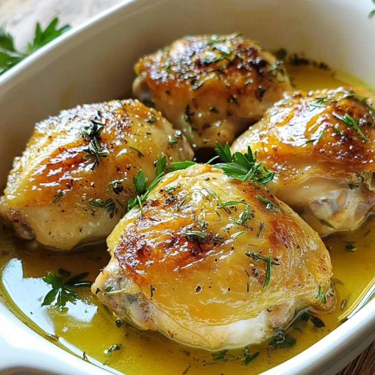 - 4 Hähncheschenkel mit Knochen und Haut - 4 Knoblauchzehen, fein gehackt - 2 Esslöffel frischer Rosmarin, gehackt - 2 Esslöffel frischer Thymian, gehackt - 1 Teelöffel getrockneter Oregano - 1 Zitrone, abgerieben und ausgepresst - 3 Esslöffel Olivenöl - Salz und frisch gemahlener schwarzer Pfeffer, nach Geschmack - 1 Tasse Hühnerbrühe - Frische Petersilie, gehackt (zum Garnieren) - Knoblauch und Oregano - Salz und Pfeffer - Hühnerbrühe Die Hauptzutaten sind der Schlüssel für diesen schmackhaften, saftigen Brathähnchen. Hähnchenschenkel mit Knochen und Haut sind perfekt. Die Haut wird knusprig und das Fleisch bleibt saftig. Frische Kräuter bringen Leben in das Gericht. Knoblauch gibt einen starken, herzhaften Geschmack. Zitrone und Olivenöl sorgen für Frische. Das Olivenöl hilft, die Gewürze gut zu verteilen. Es gibt nichts Schöneres, als den Duft von frischen Kräutern in der Küche. Mit Salz und Pfeffer schmecken Sie die Aromen ab. Hühnerbrühe fügt Tiefe und Geschmack hinzu. Indem Sie diese Zutaten verwenden, kreieren Sie ein Gericht, das alle begeistern wird. Genießen Sie die Mischung aus Aromen und Texturen. Diese Zutaten machen jeden Biss zu einem Erlebnis! {{ingredient_image_2}} Heizen Sie Ihren Ofen auf 220°C vor. Stellen Sie ein Gitter in die Mitte des Ofens. So wird das Hähnchen gleichmäßig gar. In einer kleinen Schüssel vermengen Sie den fein gehackten Knoblauch, Rosmarin, Thymian, Oregano, Zitronenabrieb, Zitronensaft und Olivenöl. Diese Mischung wird Ihre Kräuterpaste. Sie sorgt für den tollen Geschmack. Nehmen Sie die Hähnchenschenkel und tupfen Sie sie mit Küchenpapier trocken. Würzen Sie beide Seiten mit Salz und Pfeffer. Achten Sie darauf, dass Sie genug verwenden, um den Geschmack zu verstärken. Jetzt kommt die Kräutermischung ins Spiel. Reiben Sie die Paste gründlich über die Hähnchenschenkel. Vergessen Sie nicht, auch unter die Haut zu reiben. So entfalten sich die Aromen besser. Erhitzen Sie einen Spritzer Olivenöl in einer großen, ofenfesten Pfanne bei mittlerer bis hoher Hitze. Legen Sie die Hähnchenschenkel mit der Hautseite nach unten in die Pfanne. Braten Sie sie etwa 5-7 Minuten lang an, bis die Haut goldbraun und knusprig ist. Wenden Sie die Schenkel vorsichtig um. Gießen Sie die Hühnerbrühe in die Pfanne und bringen Sie sie zum Köcheln. Jetzt können Sie die Pfanne in den vorgeheizten Ofen übertragen. Rösten Sie die Hähnchenschenkel 25-30 Minuten lang, bis die Innentemperatur 74°C erreicht. Lassen Sie das Hähnchen nach dem Garen 5 Minuten ruhen. So bleibt es saftig, wenn Sie es servieren. Um knusprige Hähnchenschenkel zu bekommen, müssen Sie die richtige Temperatur wählen. Heizen Sie den Ofen auf 220°C vor. Diese hohe Hitze macht die Haut schön knusprig. Die Garzeit beträgt 25-30 Minuten. Achten Sie darauf, dass die Innentemperatur 74°C erreicht. Wenn Sie die Hähnchenschenkel herausnehmen, lassen Sie sie 5 Minuten ruhen. Diese Ruhezeit macht das Fleisch saftiger und zarter. Um den Geschmack Ihrer Hähnchenschenkel zu verändern, können Sie andere Kräuter verwenden. Probieren Sie Basilikum, Estragon oder sogar Dill. Marinieren Sie das Hähnchen über Nacht. Dies gibt den Kräutern mehr Zeit, in das Fleisch einzuziehen. Eine gute Marinade macht das Hähnchen noch schmackhafter und aromatischer. Pro Tipps Hähnchen Zimmertemperatur: Lassen Sie die Hähnchenschenkel vor dem Kochen etwa 30 Minuten bei Zimmertemperatur ruhen, damit sie gleichmäßiger garen. Knusprige Haut: Stellen Sie sicher, dass die Haut der Hähnchenschenkel gut trocken ist, bevor Sie sie anbraten, um eine besonders knusprige Textur zu erzielen. Braten im Ofen: Verwenden Sie eine ofenfeste Pfanne, um die Aromen der Bratensäfte und der Kräuter zu intensivieren, wenn Sie das Hähnchen im Ofen fertig garen. Ruhen lassen: Lassen Sie das Hähnchen nach dem Garen 5 Minuten ruhen, damit sich die Säfte im Fleisch setzen und es saftig bleibt. {{image_4}} Um die Aromen zu variieren, können Sie verschiedene Kräuter verwenden. Eine mediterrane Variante bringt frischen Thymian und Basilikum ins Spiel. Diese Kräuter verleihen dem Hähnchen einen warmen, einladenden Geschmack. Sie passen perfekt zu einem leichten Sommergericht. Eine asiatische Note bekommt das Gericht, wenn Sie Ingwer und Sojasauce hinzufügen. Der Ingwer gibt einen scharfen, frischen Geschmack. Die Sojasauce bringt Tiefe und Umami. Diese Kombination ist ideal für ein neues Geschmackserlebnis. Für ein rundes Gericht empfehle ich, Gemüse oder Reis als Beilagen zu servieren. Geröstetes Gemüse wie Karotten oder Zucchini ergänzt die Aromen gut. Sie können auch einen duftenden Reis zubereiten, um die Sauce aufzusaugen. Ein frischer Salat ist eine gute Wahl für eine ausgewogene Mahlzeit. Ein einfacher grüner Salat mit einem Zitronen-Dressing bringt Frische. Auch ein Tomatensalat mit Basilikum passt gut zu den Hähnchenschenkeln. Hähnchenreste sind toll für neue Gerichte. Du kannst sie in Salaten, Sandwiches oder Suppen nutzen. Hier sind einige Tipps: - Salat: Schneide die Reste klein und mische sie mit frischem Gemüse. - Sandwiches: Lege die Hähnchenstücke auf Brot mit etwas Mayo und Gemüse. - Suppe: Füge die Reste in eine Brühe mit Gemüse und Nudeln hinzu. Ein einfaches Rezept für eine schnelle Hühnersuppe: 1. Koche 4 Tassen Hühnerbrühe in einem Topf. 2. Füge 2 Tassen geschnittenes Gemüse hinzu. 3. Gib die Hähnchenreste dazu und koche alles 10 Minuten. Für die Lagerung ist es wichtig, die Reste richtig zu behandeln. Halte sie frisch und sicher: - Kühlschrank: Lege die Hähnchenreste in einen luftdichten Behälter. Sie halten sich 3-4 Tage. - Einfrieren: Wenn du länger aufbewahren willst, friere sie ein. Verwende einen gefrierfesten Beutel. So bleiben sie bis zu 3 Monate gut. Die Kräutermischung kannst du auch aufbewahren. Lagere sie in einem kleinen Glas im Kühlschrank. So bleiben die Aromen frisch für nächste Gerichte. Hähnchenschenkel brauchen etwa 25-30 Minuten im Ofen. Die Garzeit hängt von der Dicke ab. Überprüfen Sie die Innentemperatur. Sie sollte 74°C (165°F) erreichen. Bei dicken Schenkeln kann es etwas länger dauern. Achten Sie darauf, dass die Haut schön knusprig wird. Ja, Sie können die Kräuterpaste im Voraus machen. Bewahren Sie sie in einem luftdichten Behälter auf. So bleibt der Geschmack frisch. Sie kann bis zu drei Tage im Kühlschrank halten. Für längere Lagerung können Sie die Paste einfrieren. Teilen Sie sie in Portionen auf, um sie leicht zu nutzen. Die ideale Kerntemperatur für Hähnchen beträgt 74°C (165°F). Diese Temperatur stellt sicher, dass das Fleisch sicher zu essen ist. Verwenden Sie ein Fleischthermometer, um die Temperatur zu überprüfen. Stecken Sie es in die dickste Stelle des Fleisches. So vermeiden Sie, dass es zu trocken wird. In diesem Artikel haben wir jede wichtige Zutat für das perfekte Hähnchen behandelt. Wir haben die Schritte zur Zubereitung erläutert und hilfreiche Tipps gegeben, um das Gericht knusprig zu machen. Variationen und Beilagen bieten viele Optionen für jeden Geschmack. Denken Sie daran, die Reste clever zu verwenden und gut zu lagern. Folgen Sie den Tipps zu Garzeiten und Temperatur, um sicher zu kochen. So gelingt Ihnen jedes Mal ein schmackhaftes Hähnchen. Viel Spaß beim Ausprobieren!